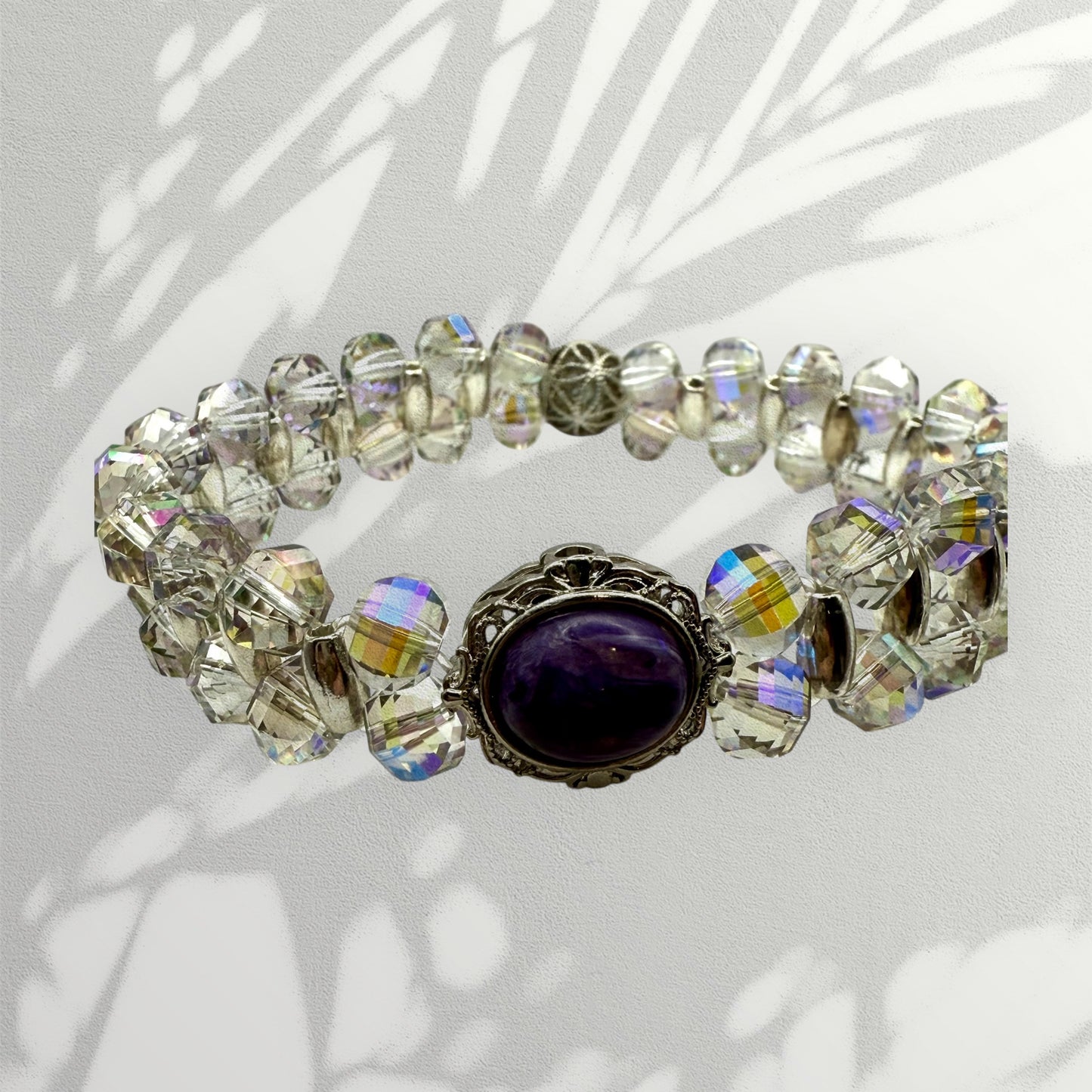 Faceted Disco Cut Double Strand Stretch Bracelet with Charoite Focal 7.50"