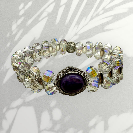Faceted Disco Cut Double Strand Stretch Bracelet with Charoite Focal 7.50"