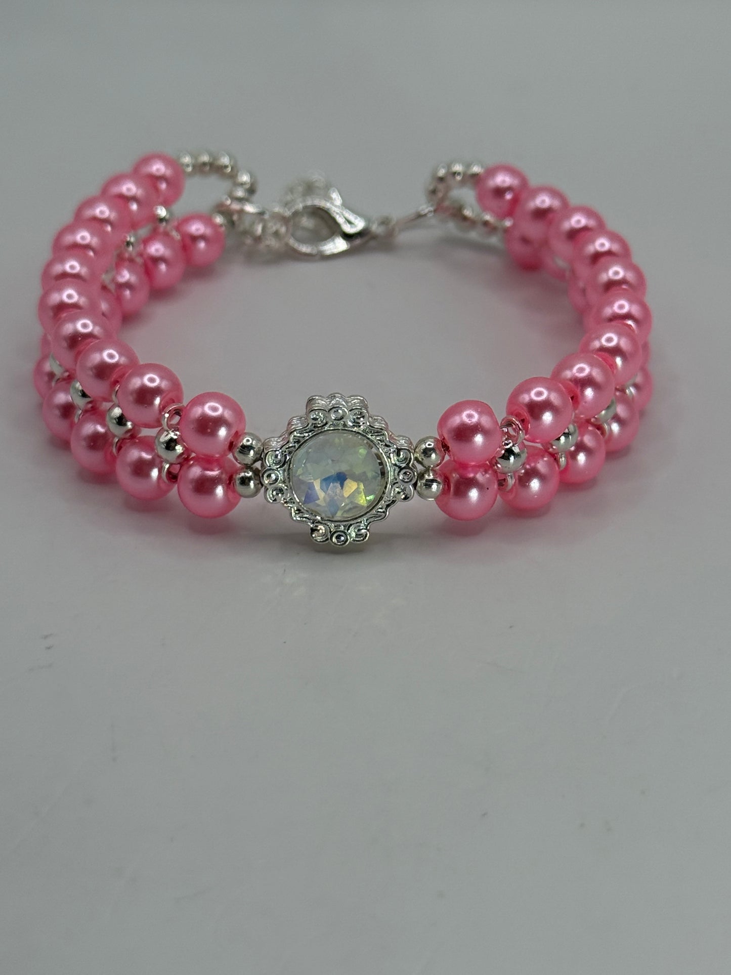 Pink Glass Pearl Bracelet with Opal Iridescent Focal | 8” Handmade Beaded Bracelet | Elegant Jewelry Gift for Her