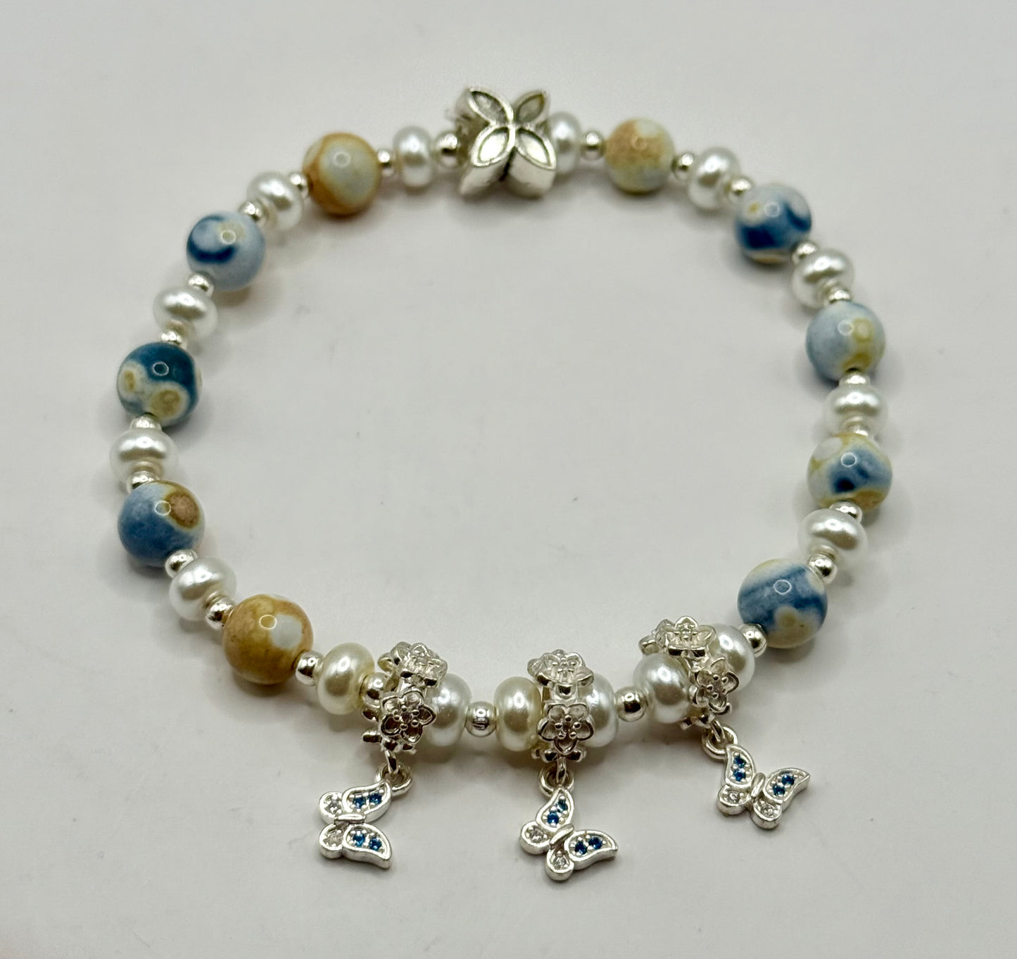 Handmade Orca Agate Stretch Bracelet with Butterfly Charms | 8” Adjustable
