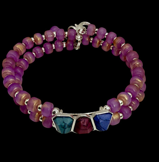 8” Double Banded Beaded Bracelet with Multi-Color Gemstone Focal | Purple Gold Beads | Handmade Jewelry | Free Resizing