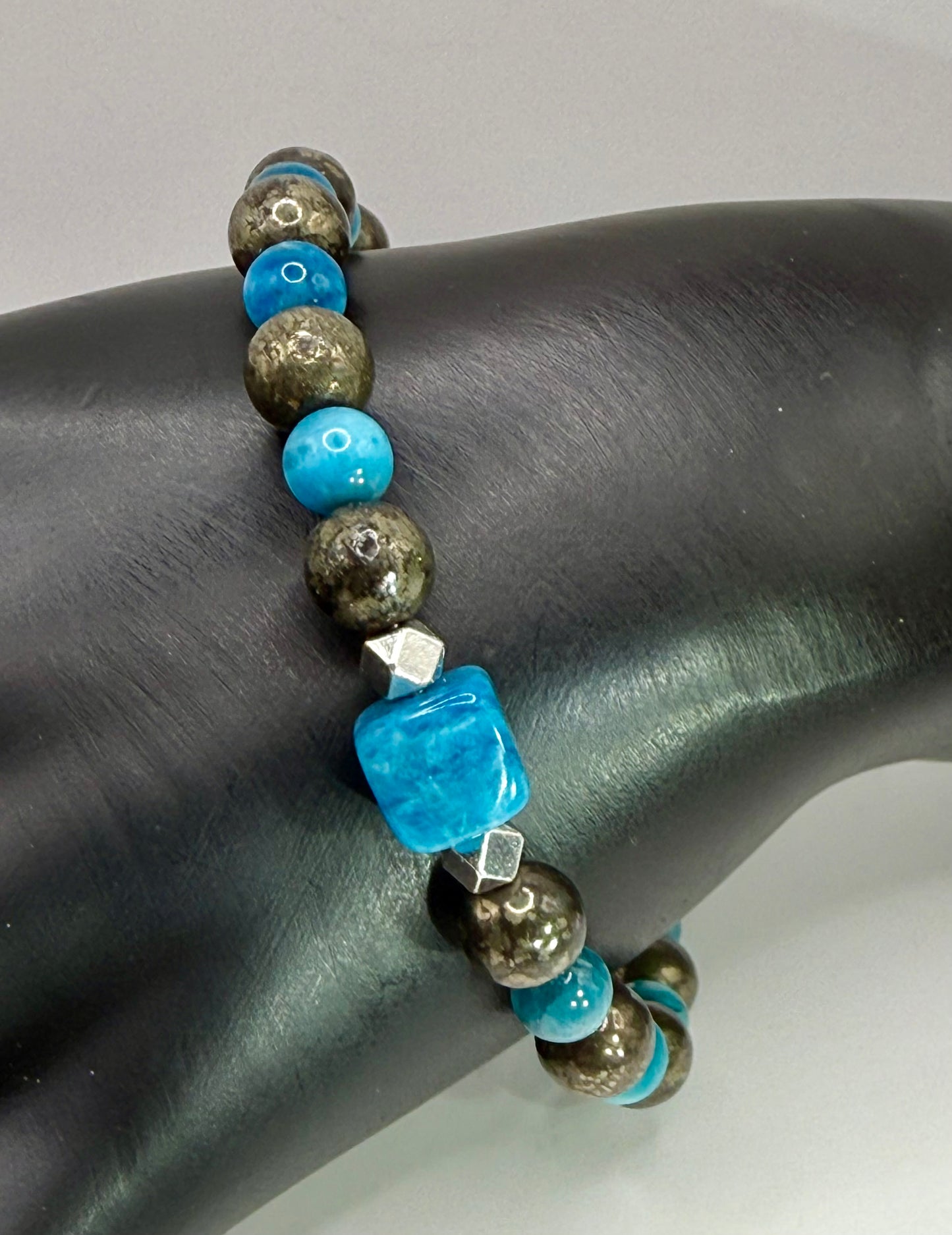 Apatite and Pyrite Gemstone Bracelet 7.5” | Silver-Tone Clasp | Handmade Gift | Boho Energy Jewelry by LuckyCharm Boutique