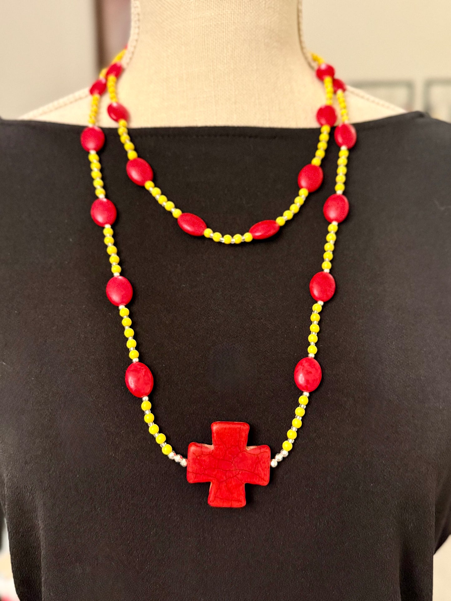 Red & Yellow Turquoise Layered Necklace Set | 30” & 20” Beaded Necklaces