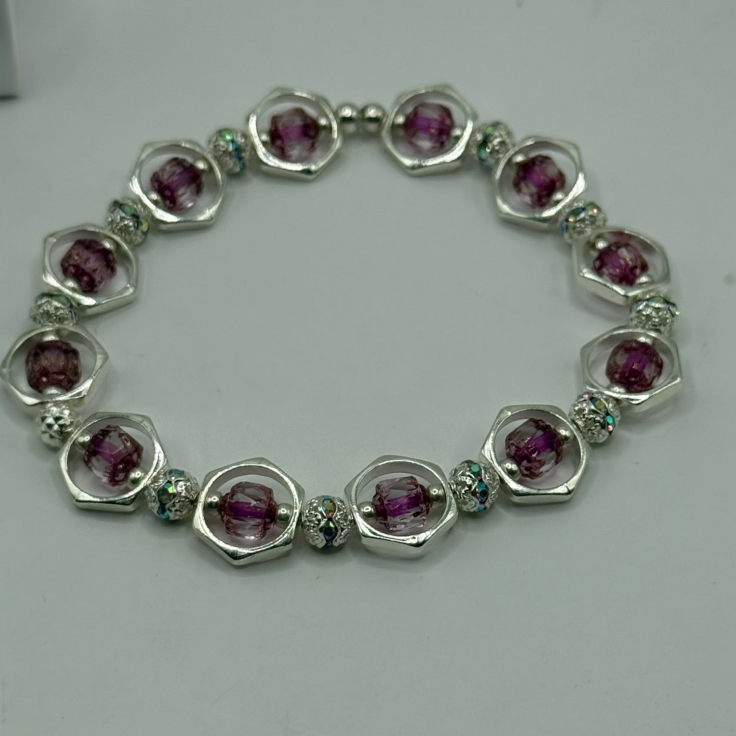 Bright Pink Lantern Bead Bracelet | 7.75” Silver Framed Stretch Bracelet with Complimentary Earrings | Sparkling Handmade Jewelry by LuckyCharm Boutique TX