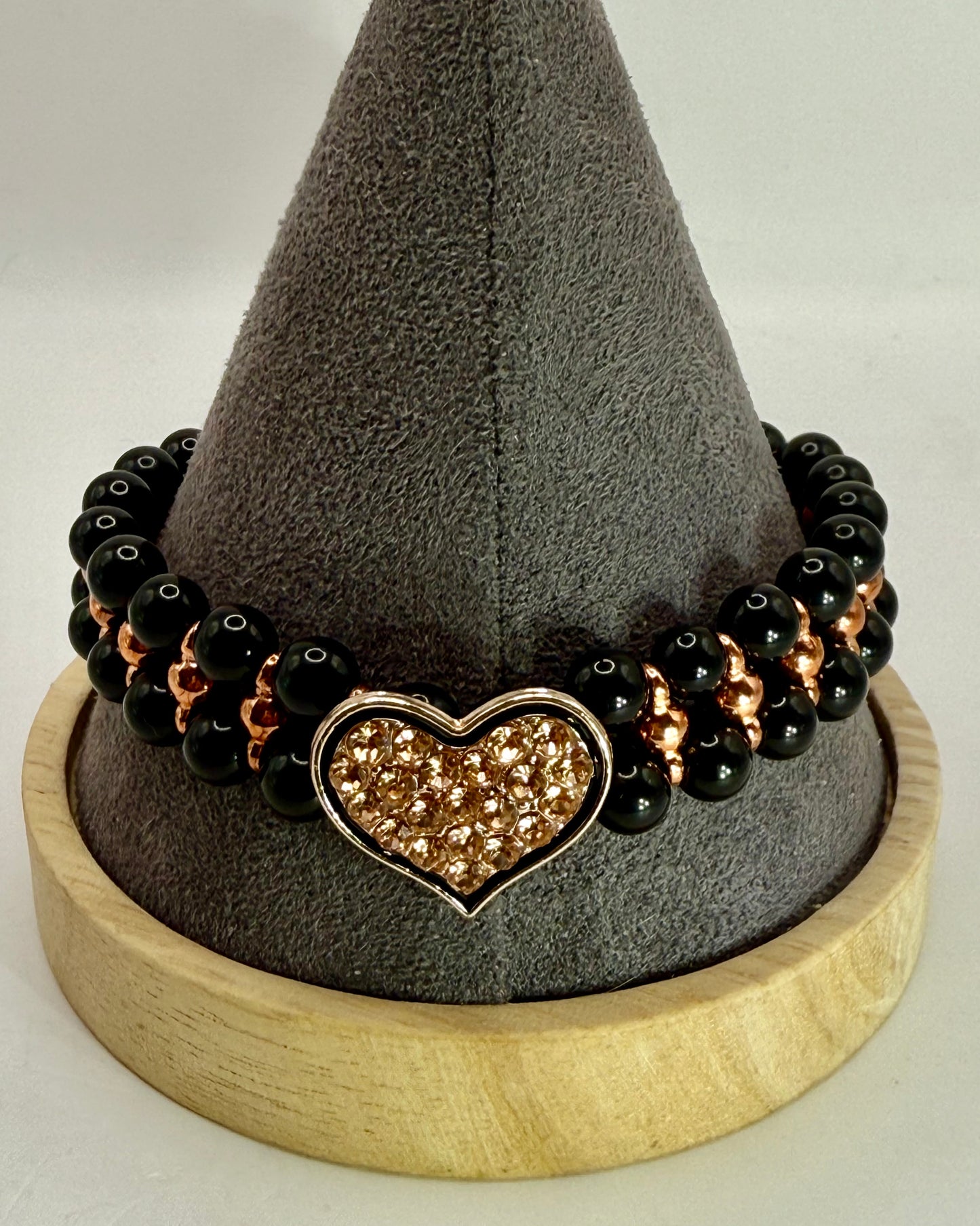 Black Agate and Rose Gold Bracelet – 8” Smooth Round Gemstone Bracelet with Pavé Crystal Heart Focal, Handmade Jewelry Gift for Her