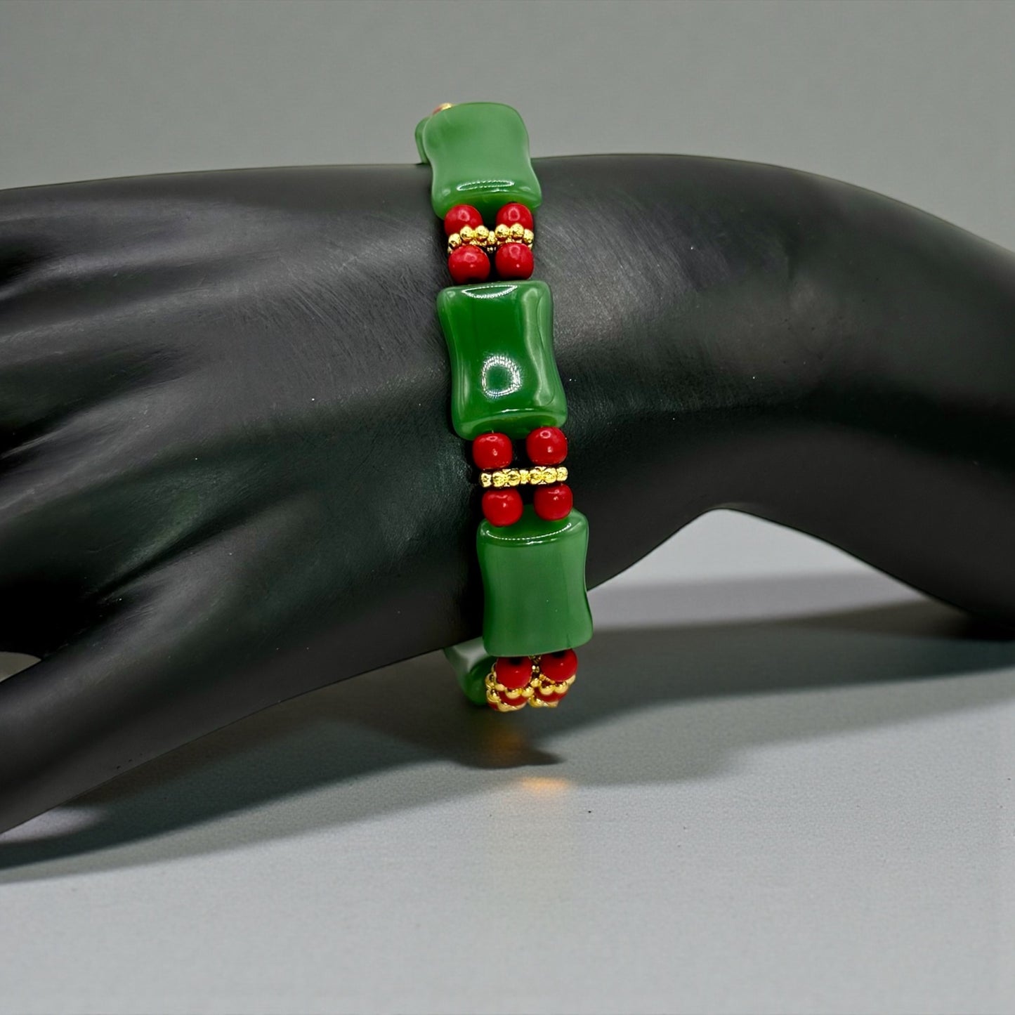 Green Jade & Red Accent Stretch Bracelet – 7.75”