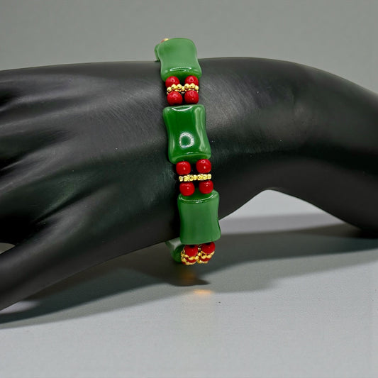 Green Jade & Red Accent Stretch Bracelet – 7.75”
