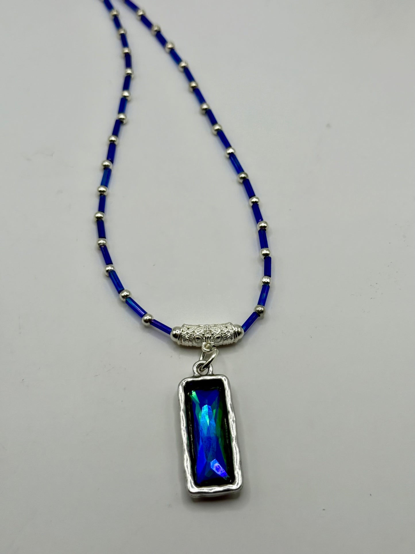 22” Blue Beaded Pendant Necklace with Green & Blue Rectangle Crystal | Handmade Boho Jewelry | Statement Necklace Gift for Her