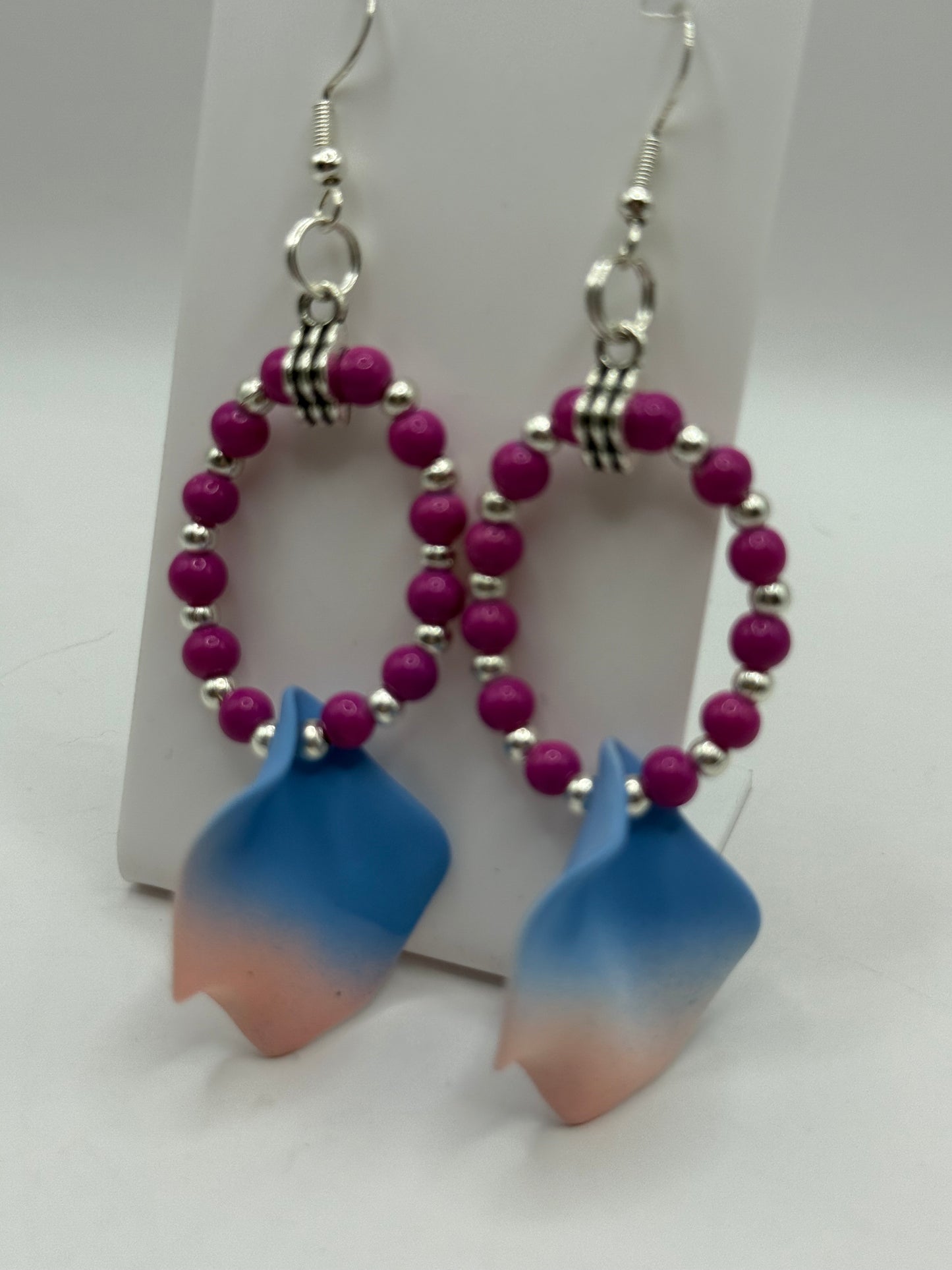 Blue & Pink Petal Drop Earrings – Handmade Beaded Hoops, Statement Dangle Earrings, Colorful Summer Jewelry