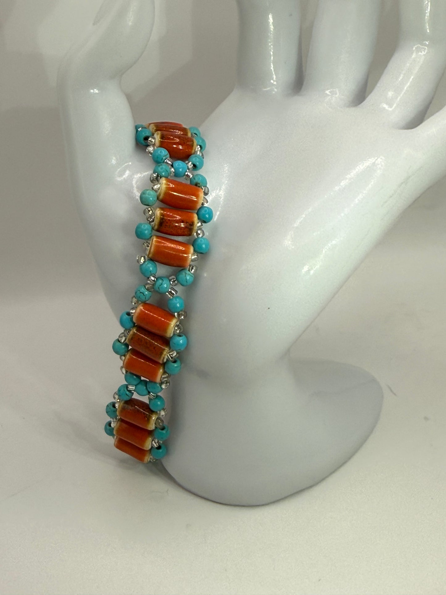 Handmade Turquoise Howlite & Terra Cotta Orange Ceramic Tube Beaded Bracelet – 7.5” Adjustable | Boho Southwest Jewelry