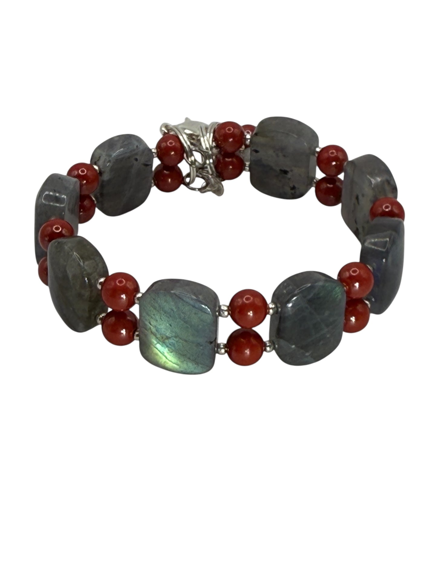 Flashing Labradorite and Cinnabar Double Bangle Bracelet | 7.5”–8” Adjustable Clasp Gemstone Bracelet | Handmade Statement Jewelry