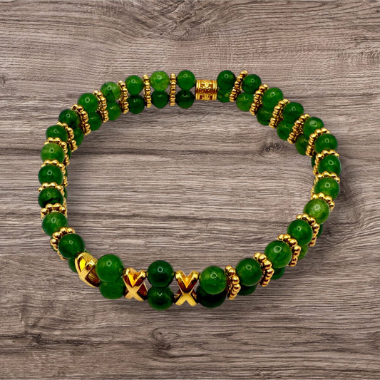 Traditional Green Jade and Gold Accent Stretch Bracelet 7.5"