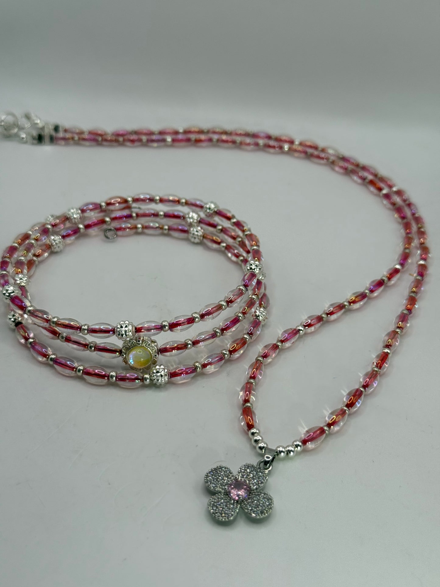 Pink Iridescent Beaded Necklace Set | 22” Necklace + Coordinating Wrap Bracelet | Floral CZ Charm