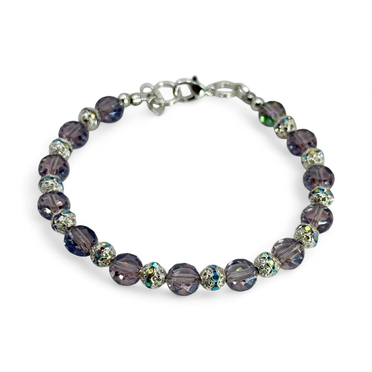 Electroplated Glass Coin Bracelet – 7.5” Clasp, Iridescent Crystal Beads, Handmade Jewelry Gift for Her