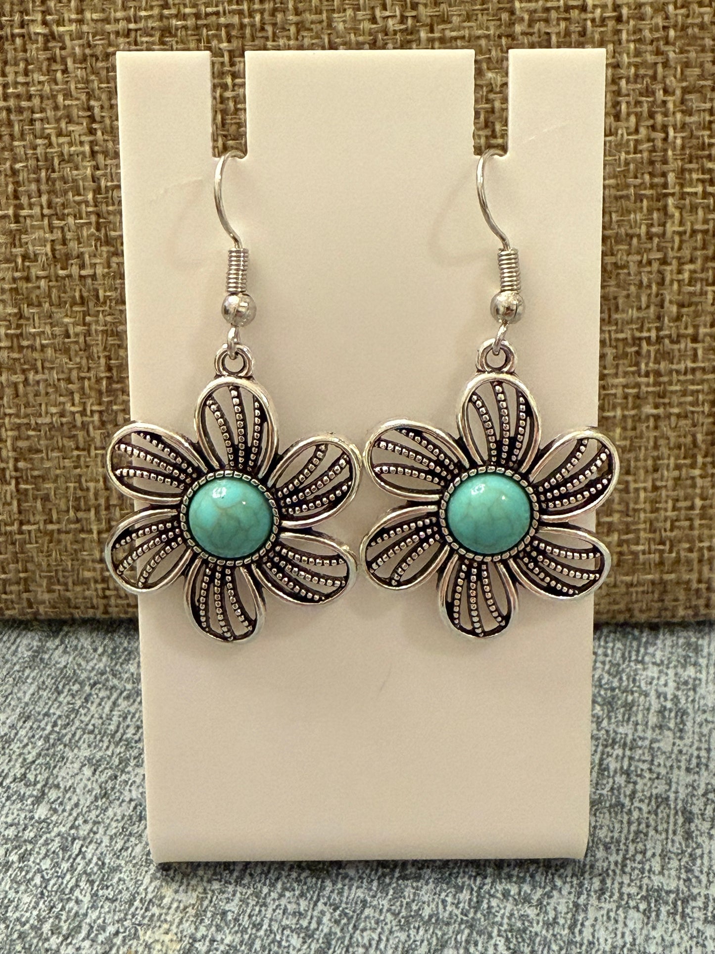 Turquoise Howlite Flower Earrings | Boho Floral Dangle Drops | Silver-Tone Western Jewelry | Gift for Her