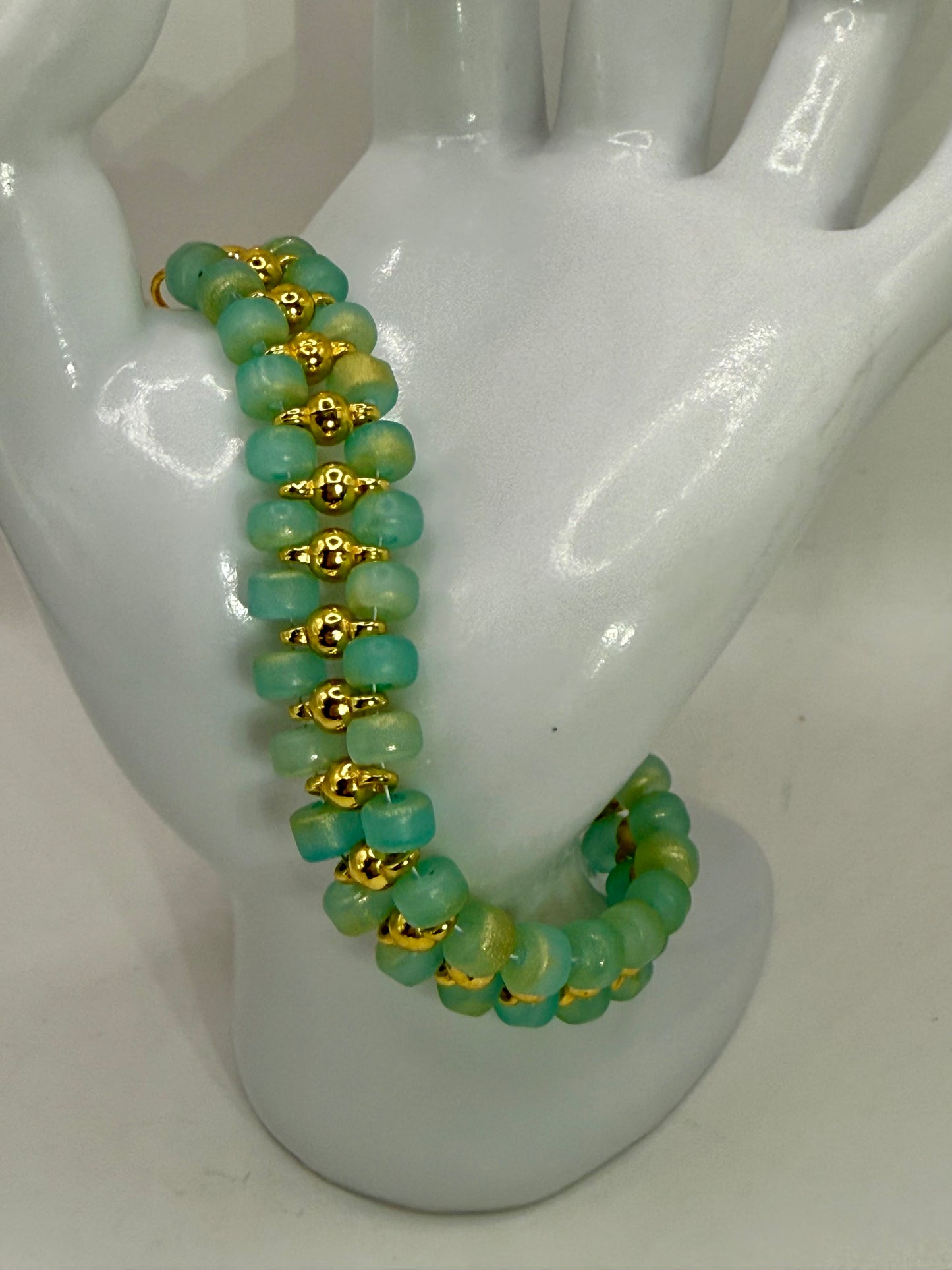 Aqua Blue and Gold Beaded Bracelet – 8” Handmade Glass Bead Bracelet with Gold Accents – Elegant Statement Jewelry