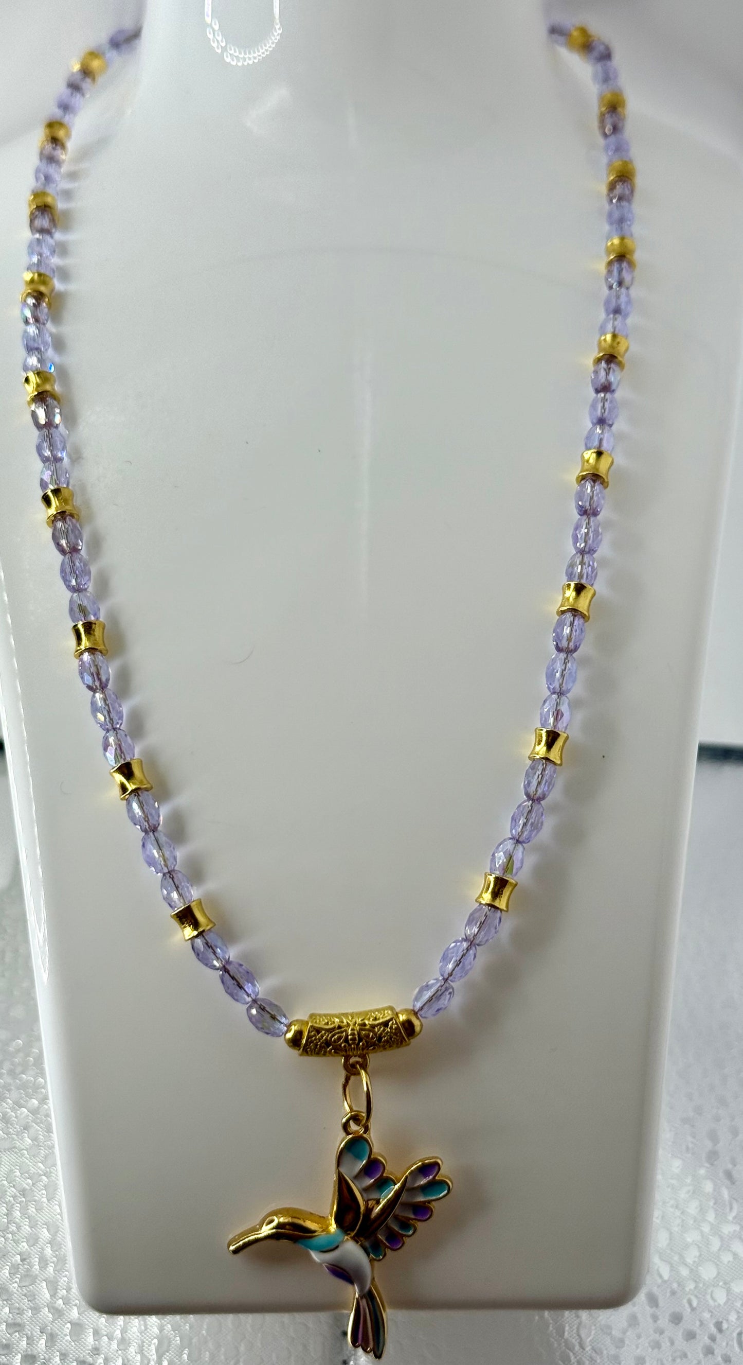 Purple Faceted Glass Necklace with Hummingbird Pendant – 18” Sparkly Beaded Necklace with Gold Accents – Free Matching Earrings Included