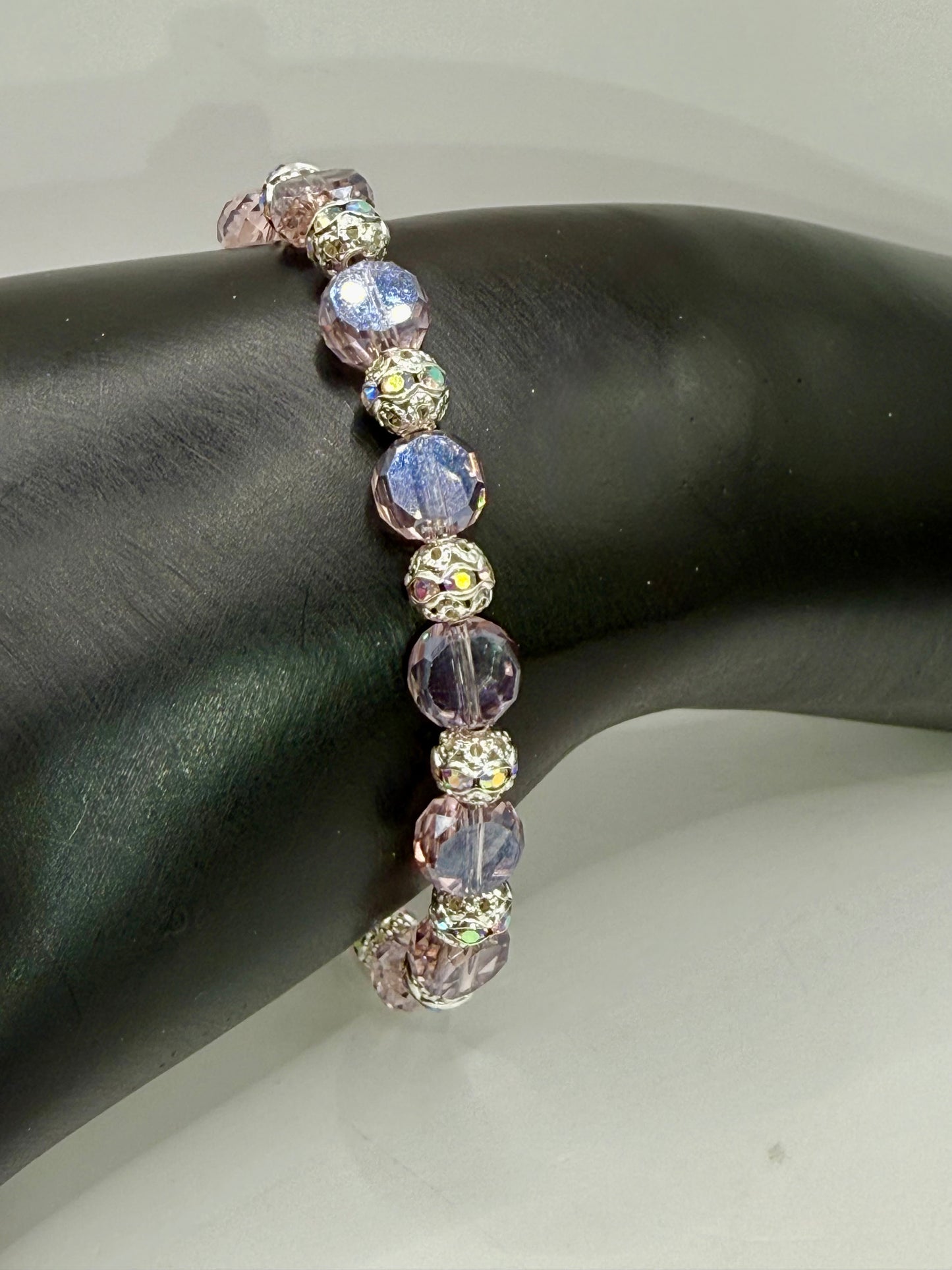 Violet Electroplated Glass Bracelet – 7.5” Clasp, Faceted Coin Beads, Handmade Jewelry Gift