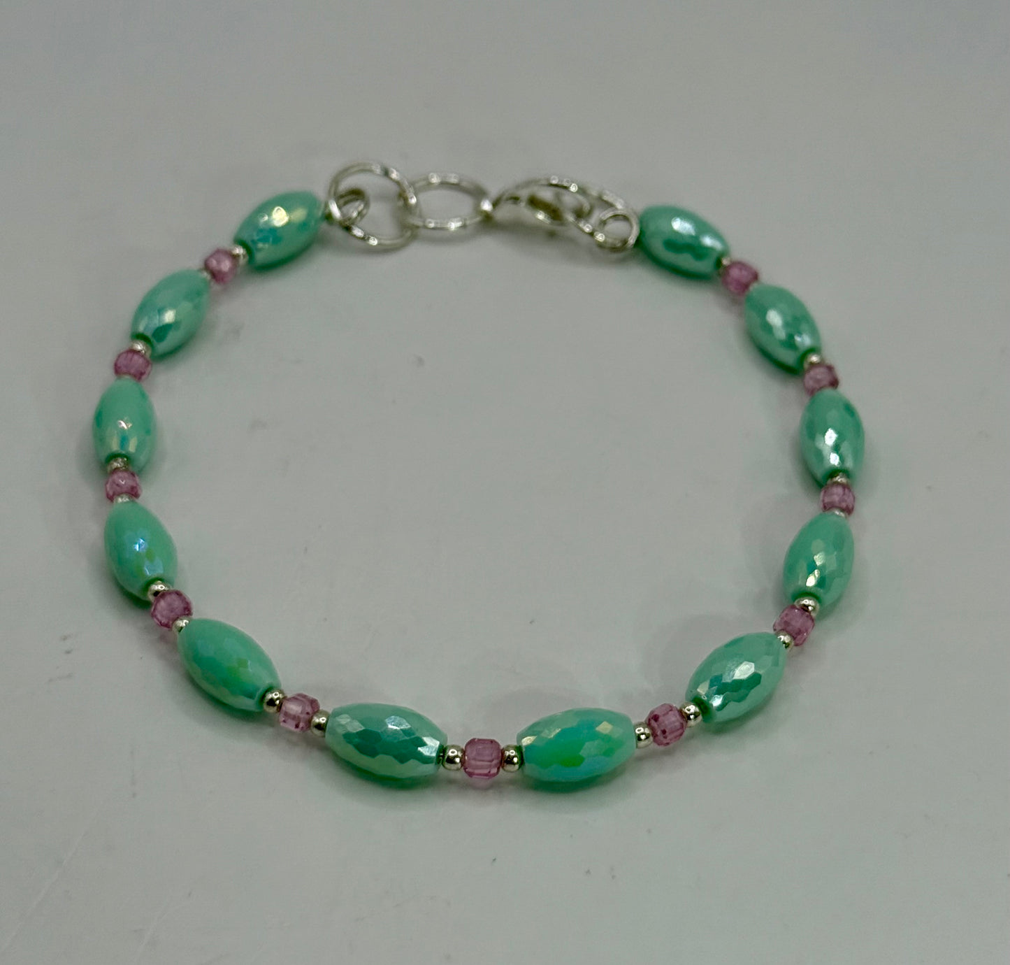 Handmade Seafoam Green & Pink Beaded Bracelet – 8” Faceted Glass Beads with Silver Clasp – Women’s Jewelry Gift