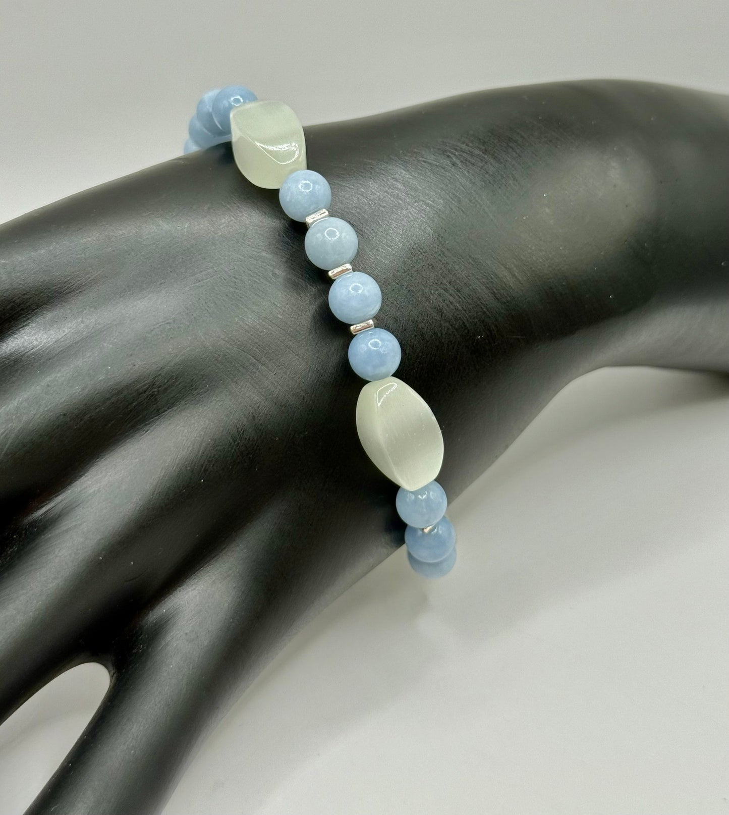Angelite & Cat Eye Selenite Bracelet – 8” Stretch – Calming Blue & White Gemstone Jewelry – Healing Crystal Bracelet – Free Resizing