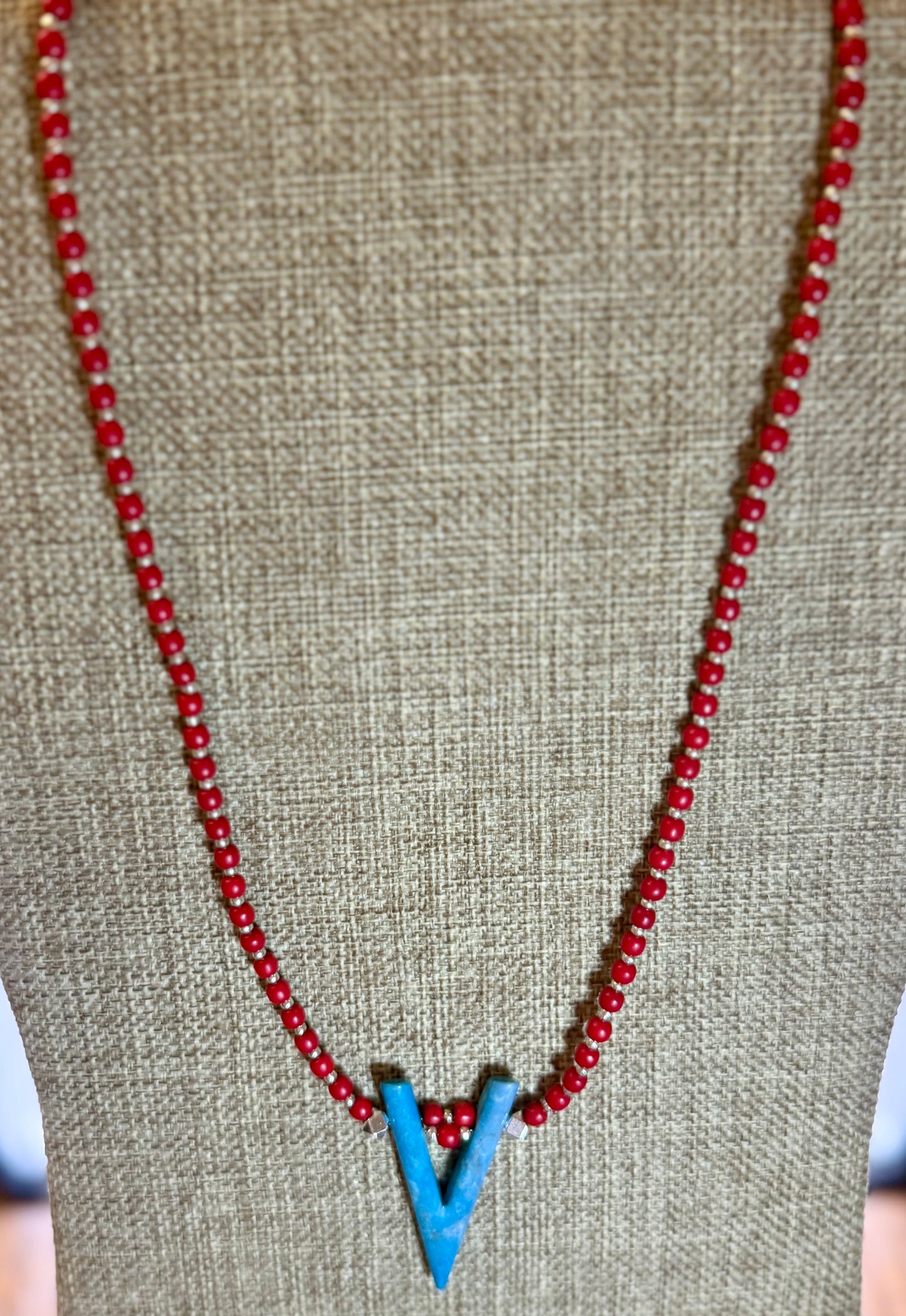 Red Beaded Necklace with Blue V Pendant • 22” Gemstone Statement Necklace • Boho Southwest Jewelry • Handmade Gift for Her
