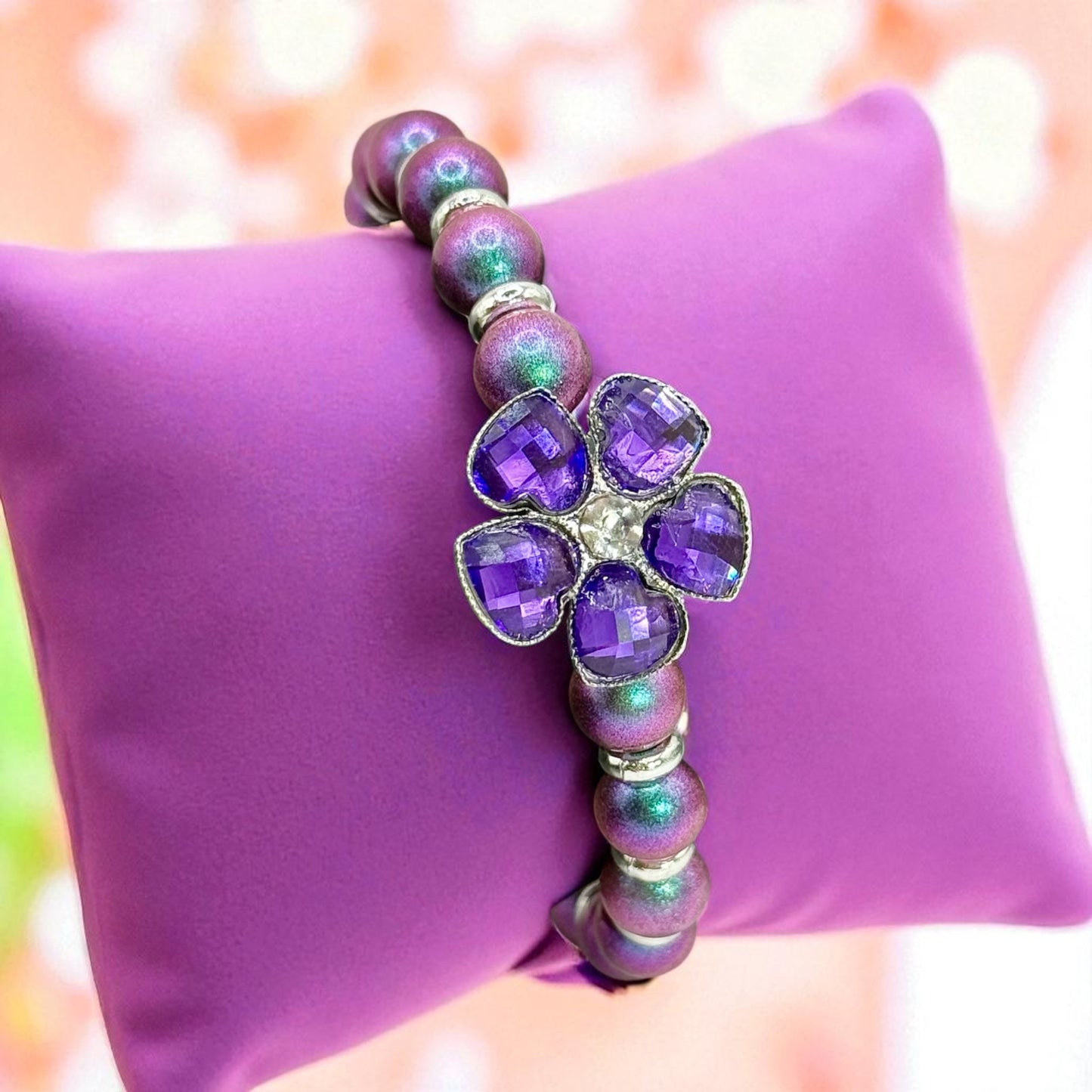 Purple Flower Bracelet – 7.75” Clasp Bracelet | Handmade Beaded Jewelry | Violet Crystal Floral Bracelet | Gift for Her