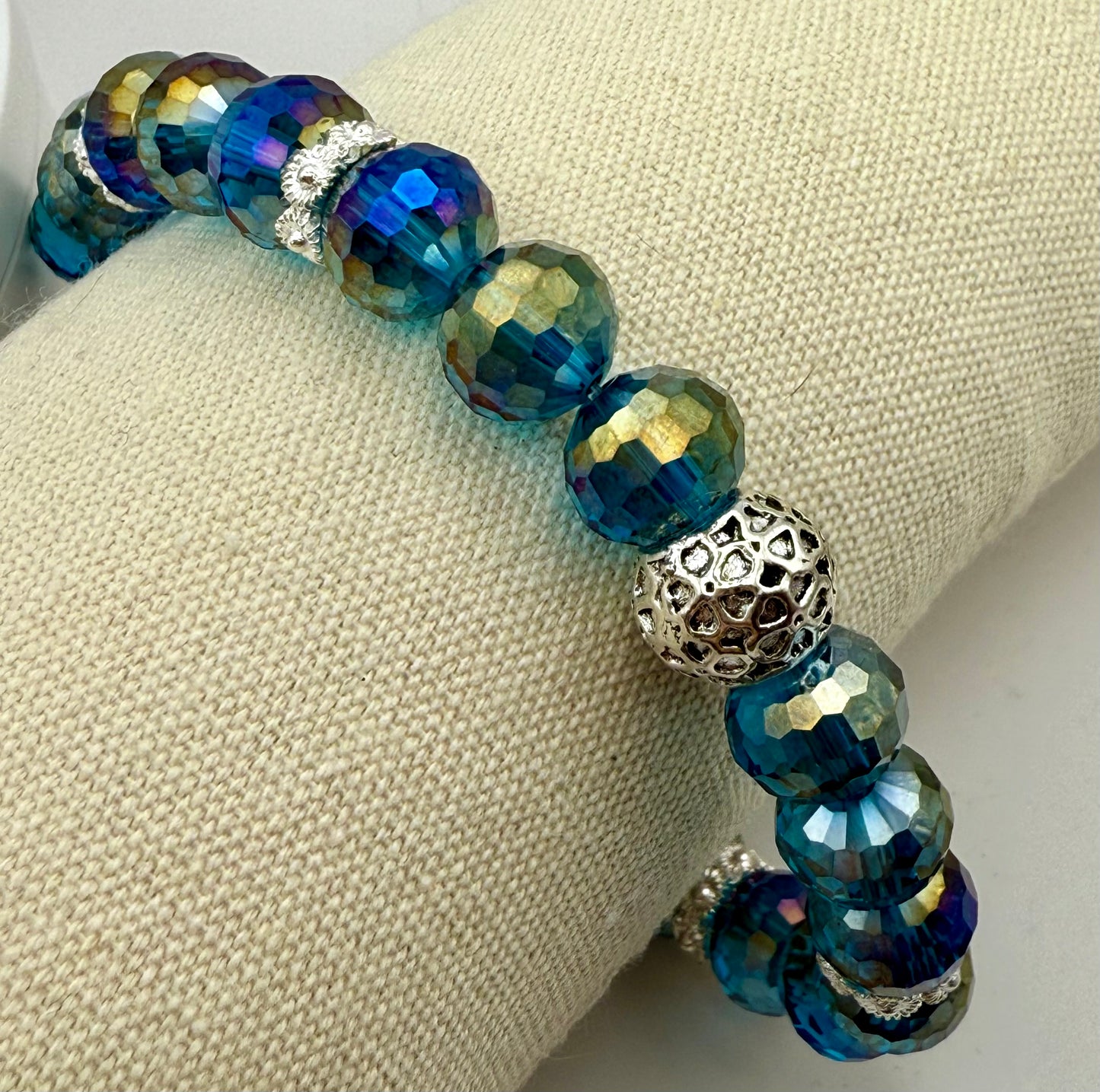 Sparkling Blue, Purple, and Green Disco Bead Bracelet 7.75"