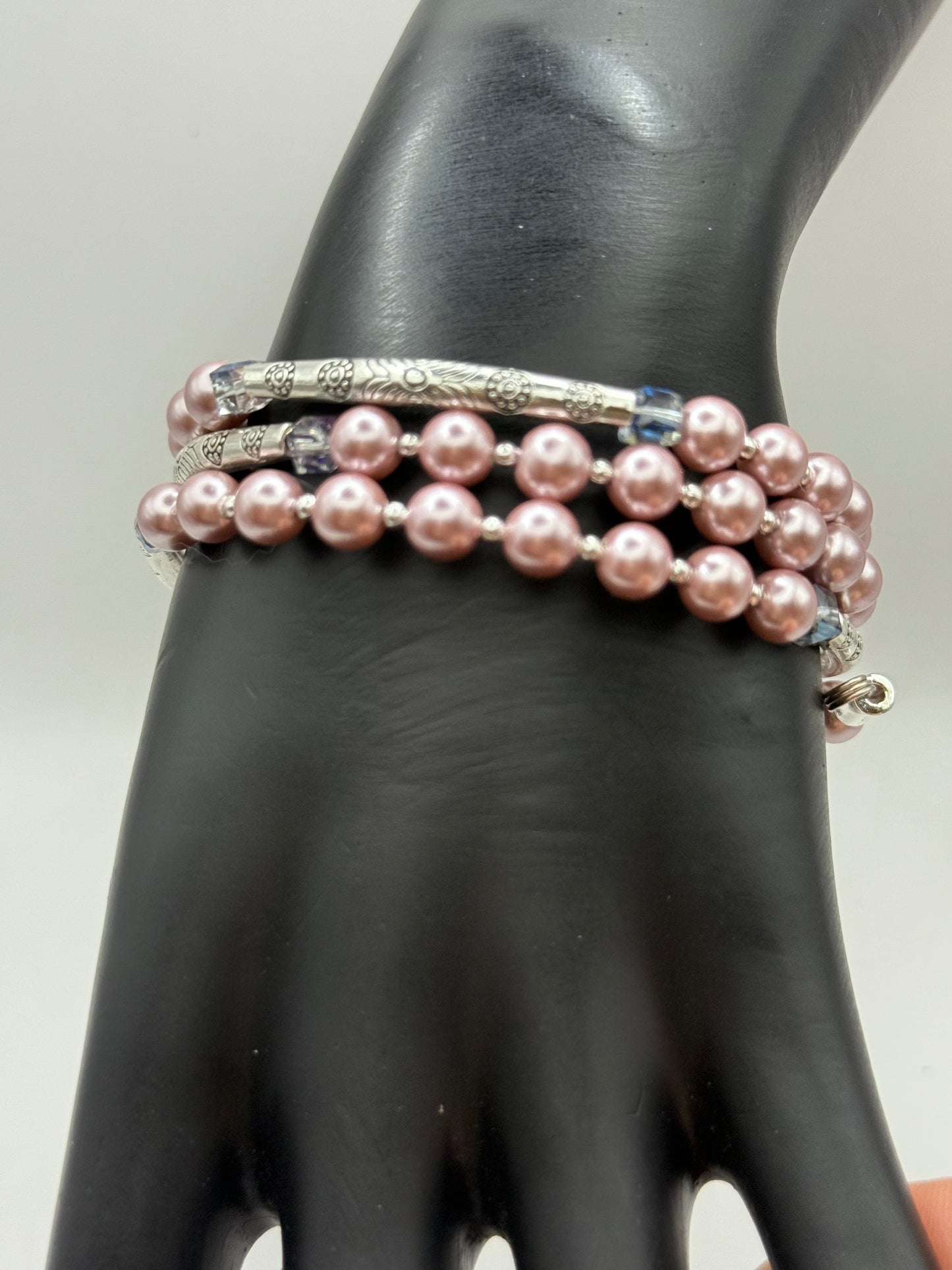 Dusty Rose Pearl Beaded Wrap Bracelet – One Size Fits Most - Memory Wire with Silver Accents