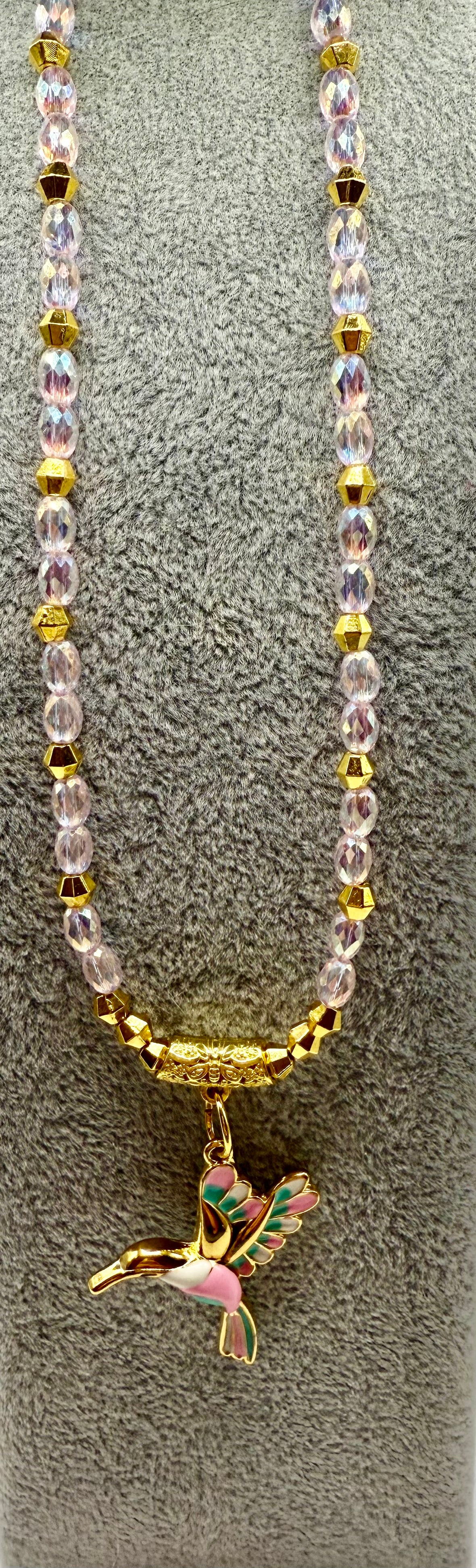 Pink Faceted Glass Necklace with Hummingbird Pendant – 18” Sparkly Beaded Necklace with Gold Accents – Free Matching Earrings Included
