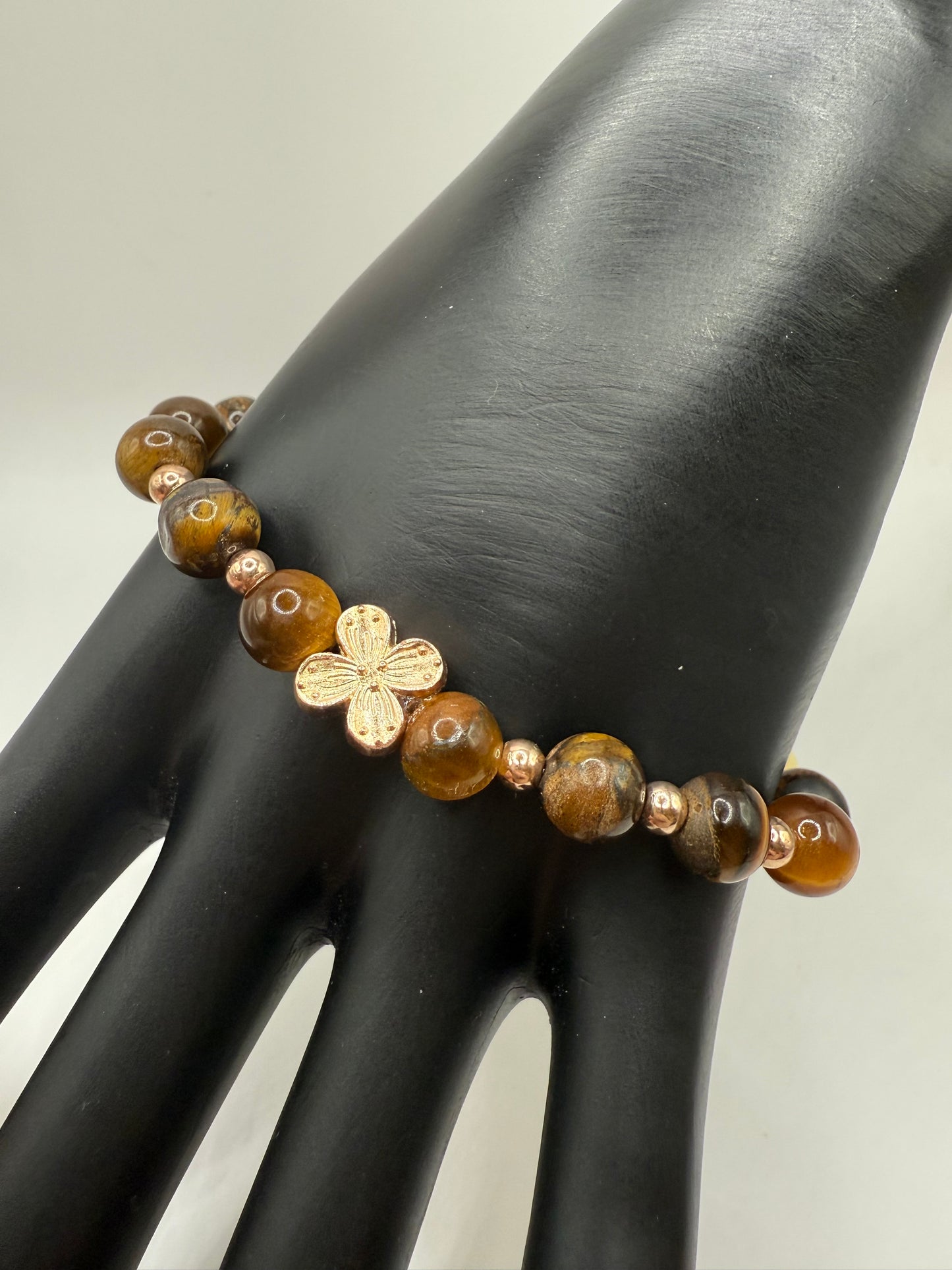 7.75” Tiger Eye & Bodhi Bead Stretch Bracelet with Soft Gold Accents | Handmade Spiritual Jewelry | Free Resizing