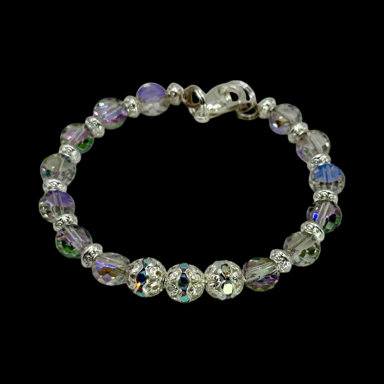 Iridescent Crystal Glass Bead Bracelet with Silver Accents | 7.5” Clasp | Handmade Jewelry Gift