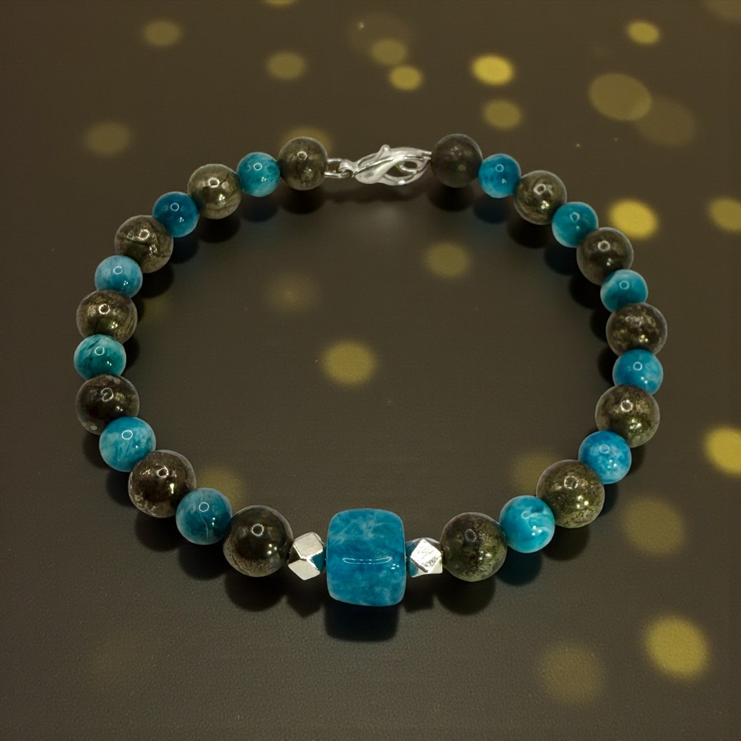 Apatite and Pyrite Gemstone Bracelet 7.5” | Silver-Tone Clasp | Handmade Gift | Boho Energy Jewelry by LuckyCharm Boutique