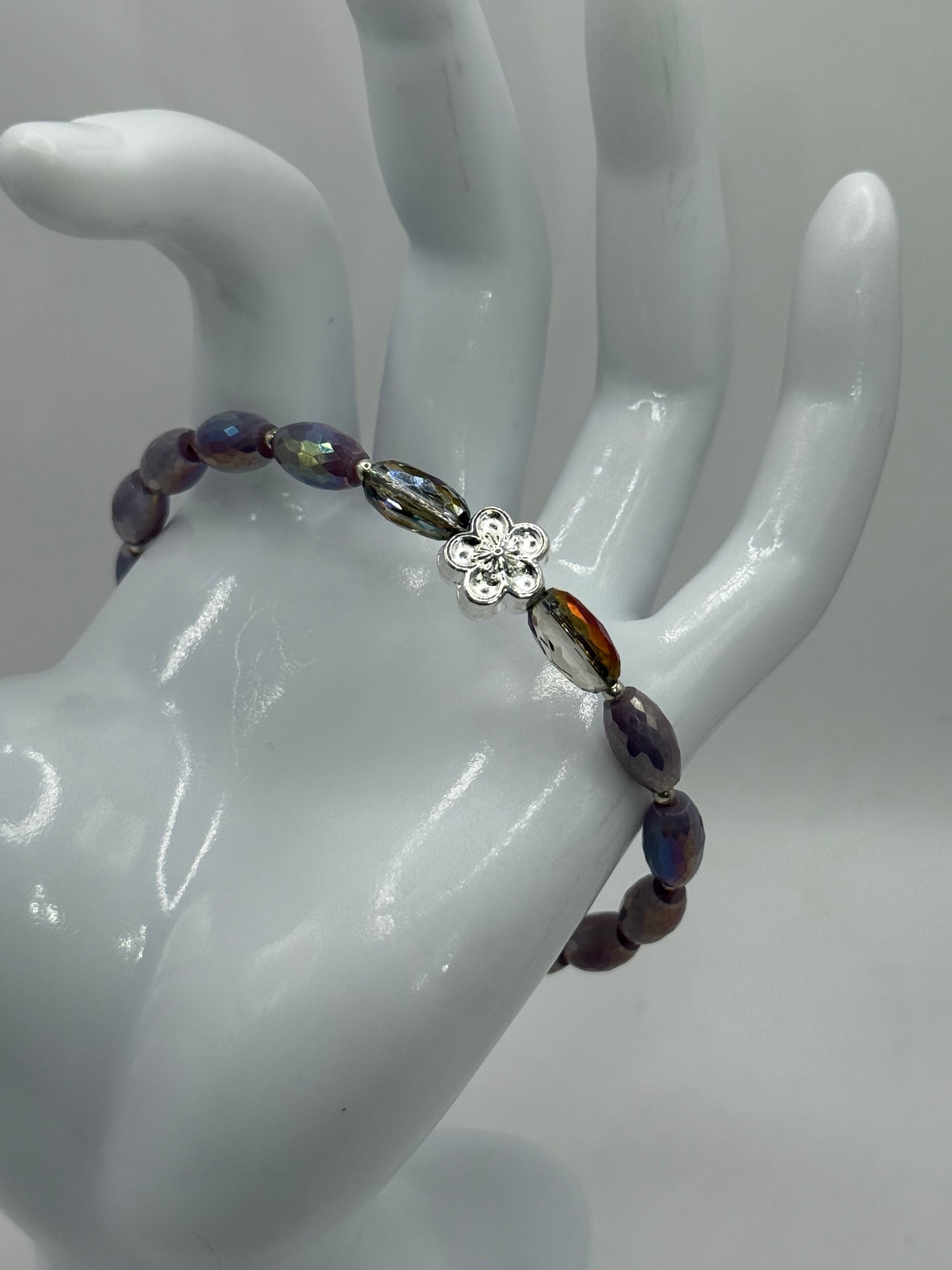 Iridescent Purple and Bronze Glass Bead Bracelet with Silver Flower Charm – 7.75” Clasp Bracelet, Handmade Gift for Her – Free Resizing