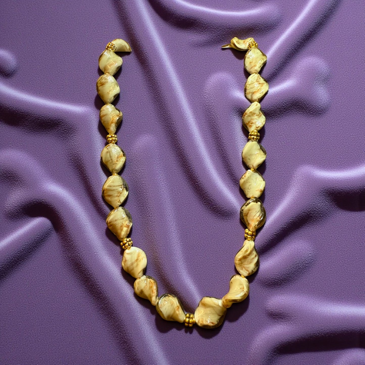 20” Cream Swirl Glass Bead Necklace + Matching Bracelets | Elegant, One-of-a-Kind Set