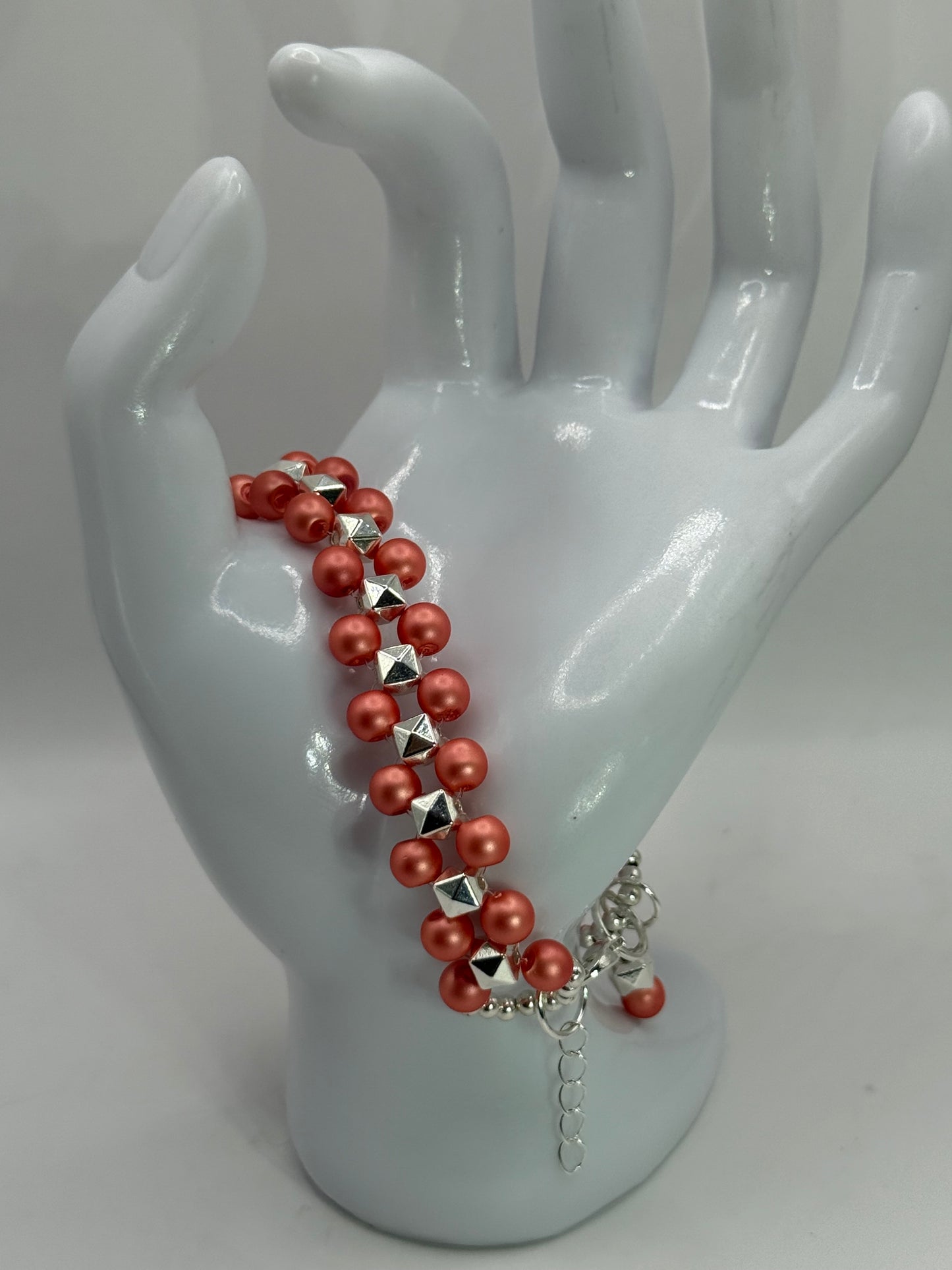 Salmon Pearl and Silver Pyramid Bead Bracelet | 7.5”-7.75” Double Strand Clasp Bracelet | Handmade Jewelry Gift for Her