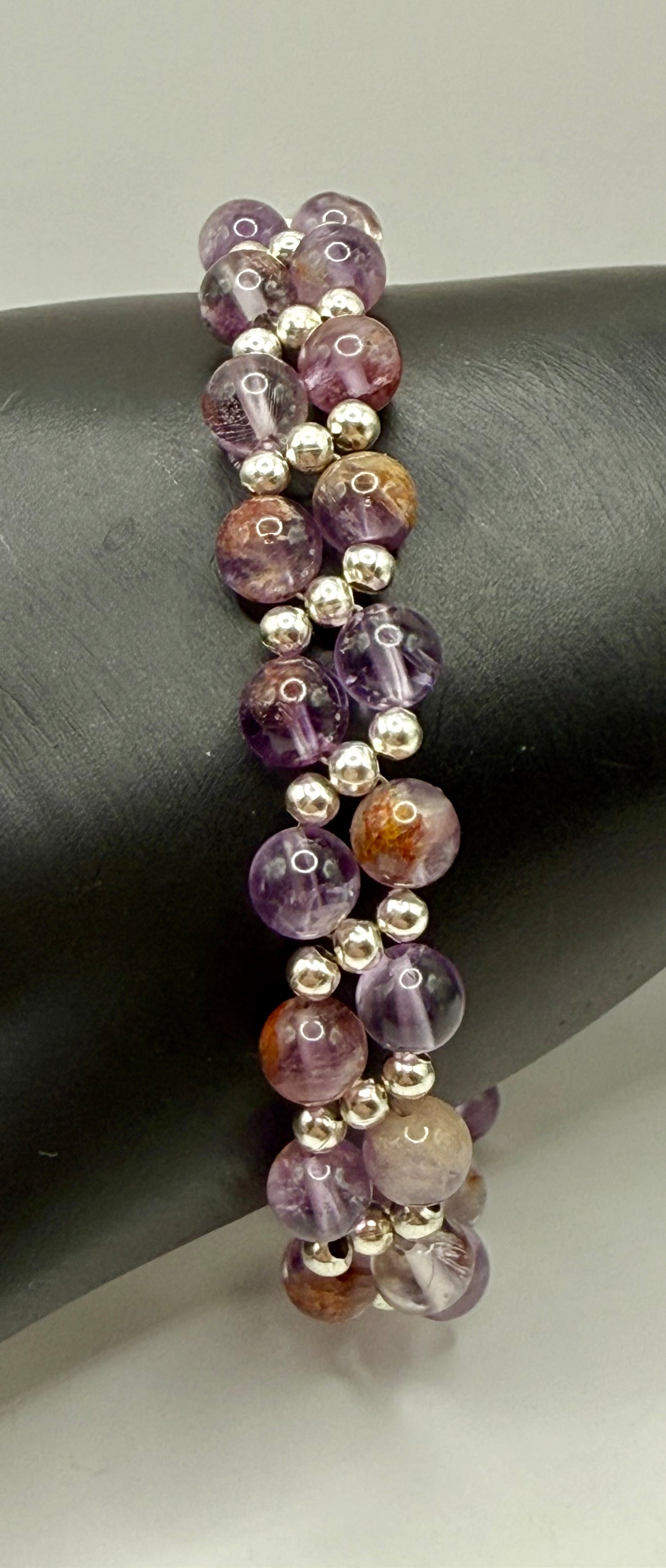 8” Amethyst & Silver Beaded Bracelet – Double Strand Gemstone Jewelry