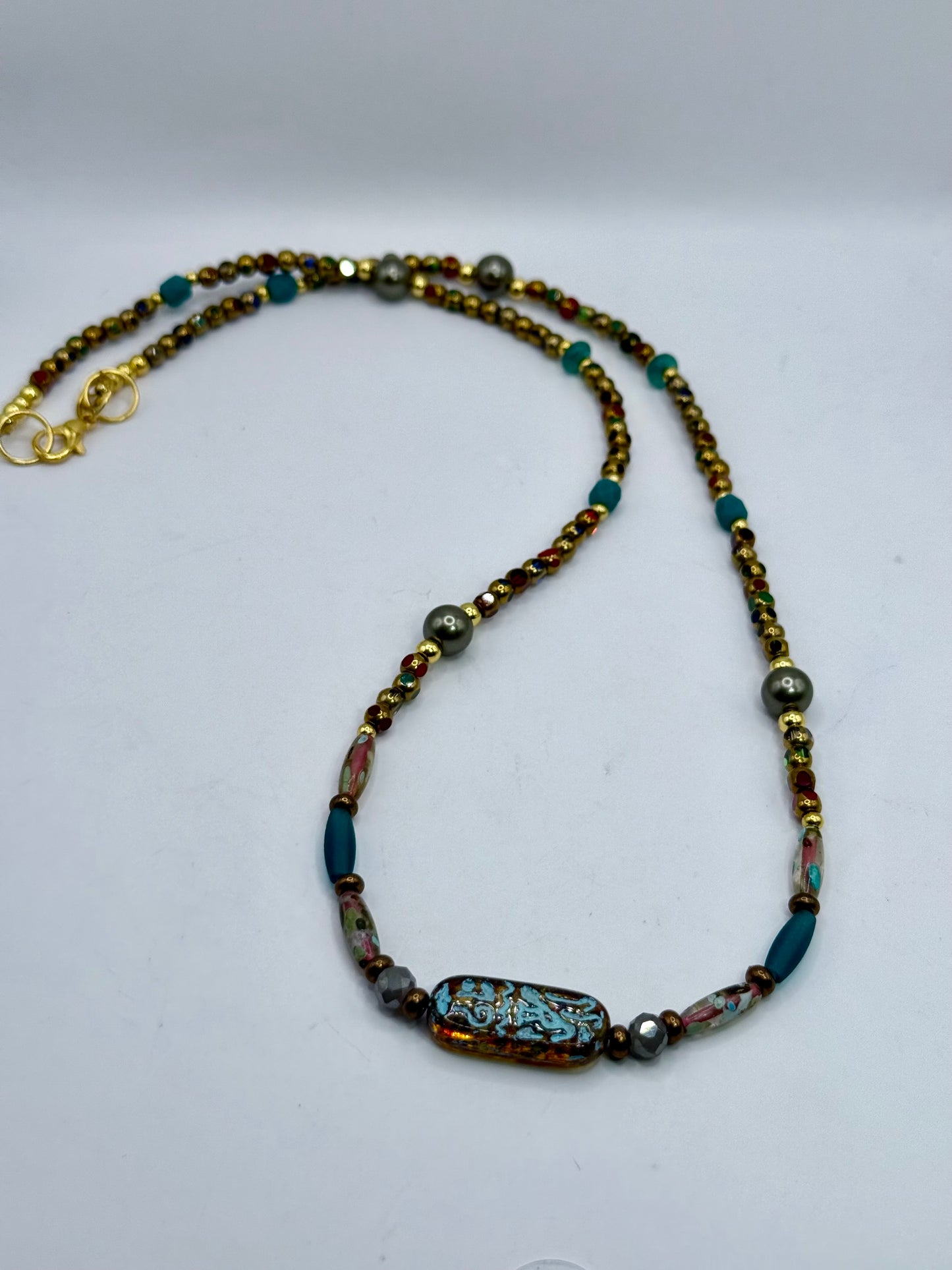 26” Multicolor Artisan Beaded Necklace with Handcrafted Focal Bead • Unique Boho Jewelry
