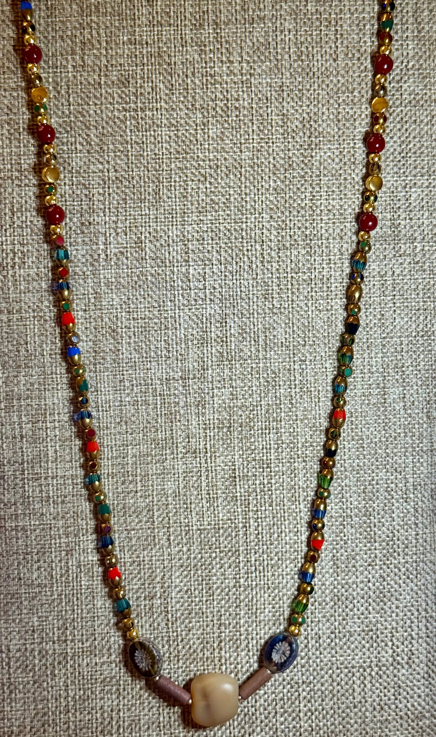 Boho Czech Glass Necklace 22” • Gold Accent Handmade Jewelry • Colorful Floral Focal Beads • Unique Gift