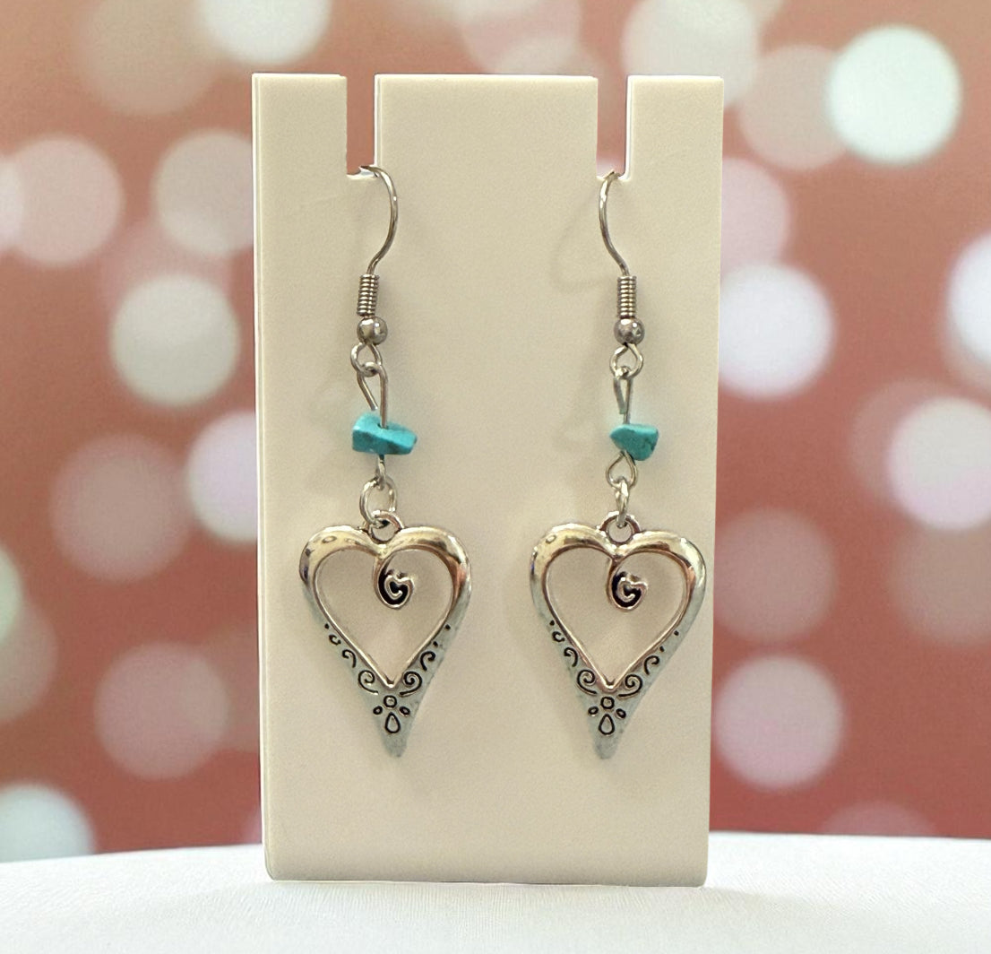 Turquoise Heart Dangle Earrings – Silver Boho Heart Drop Earrings – Handmade Western Jewelry Gift for Her