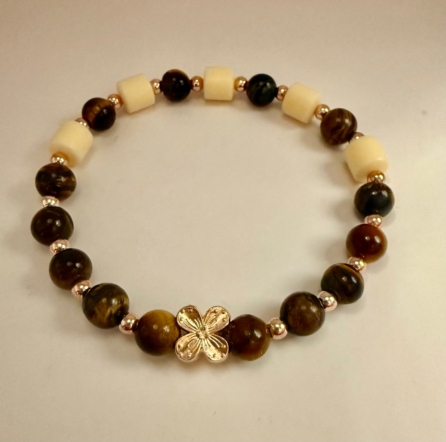7.75” Tiger Eye & Bodhi Bead Stretch Bracelet with Soft Gold Accents | Handmade Spiritual Jewelry | Free Resizing