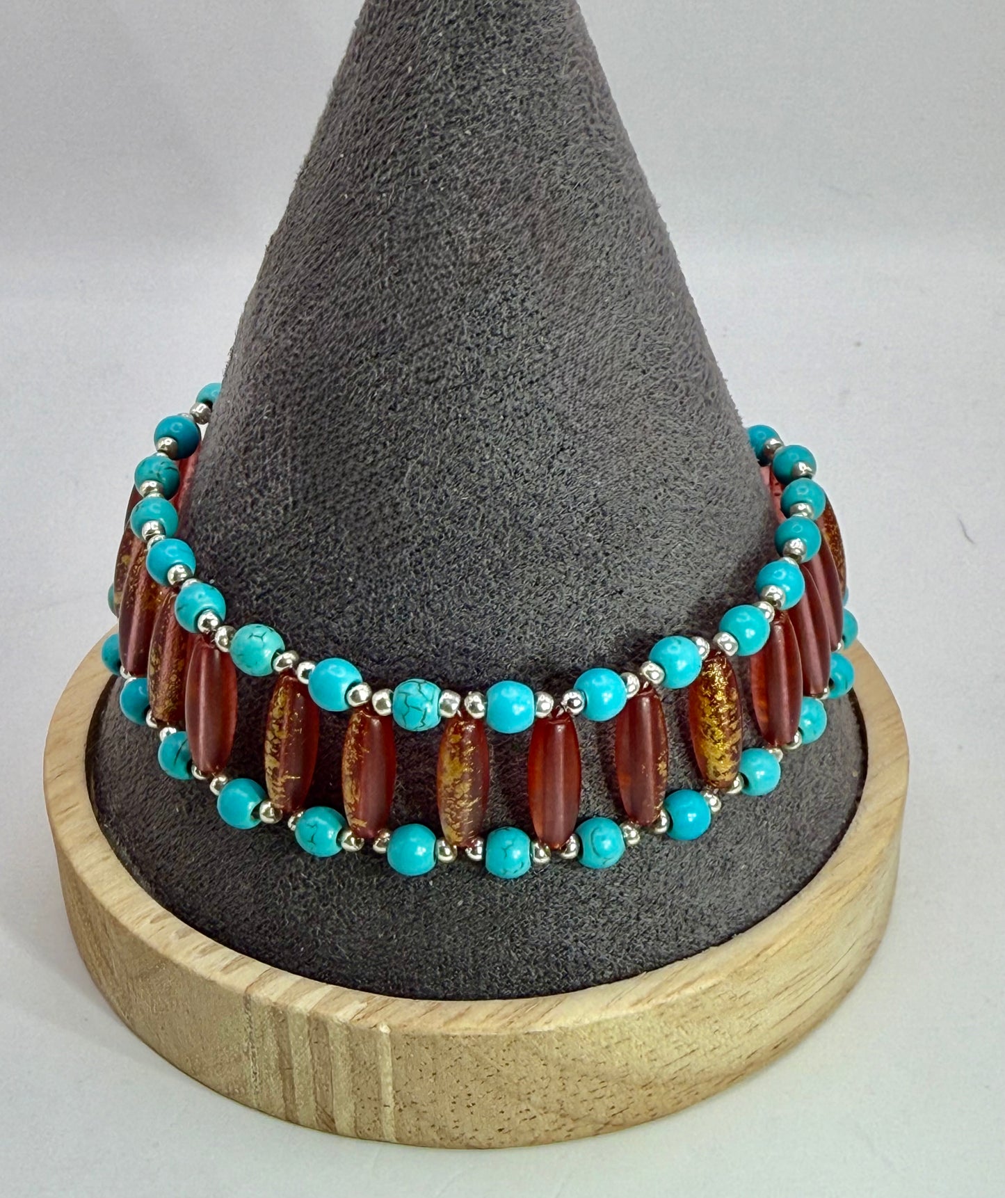 Handmade Turquoise Howlite & Golden Orange Rice Bead Bracelet – 7.5” Adjustable Clasp | Southwest Boho Jewelry