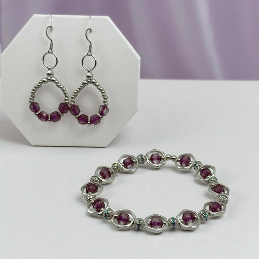 Bright Pink Lantern Bead Bracelet | 7.75” Silver Framed Stretch Bracelet with Complimentary Earrings | Sparkling Handmade Jewelry by LuckyCharm Boutique TX