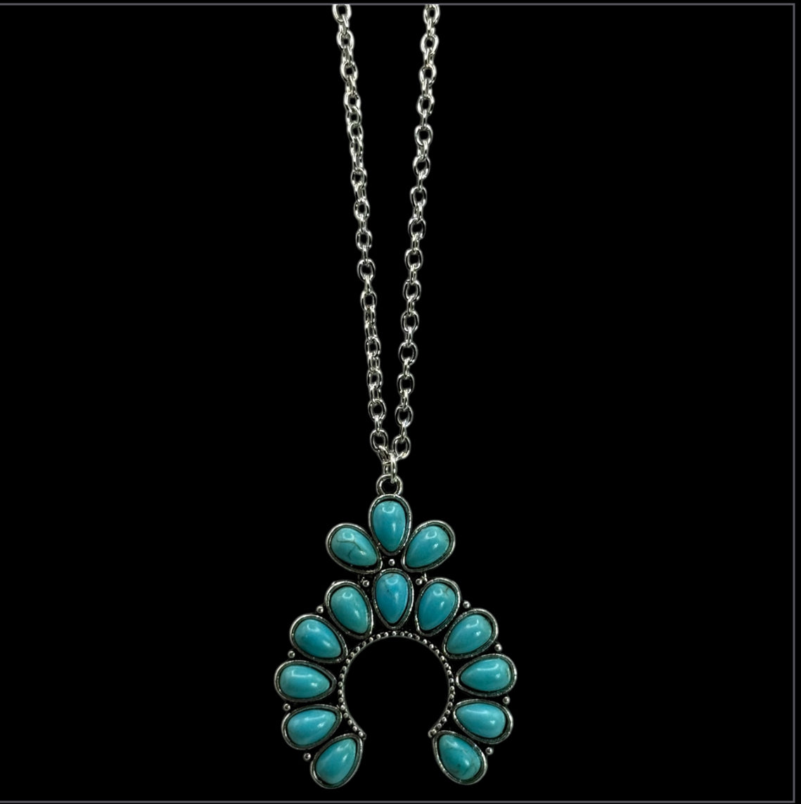 Turquoise Howlite Squash Blossom Necklace – 18” Silver Chain
