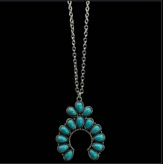 Turquoise Howlite Squash Blossom Necklace – 18” Silver Chain