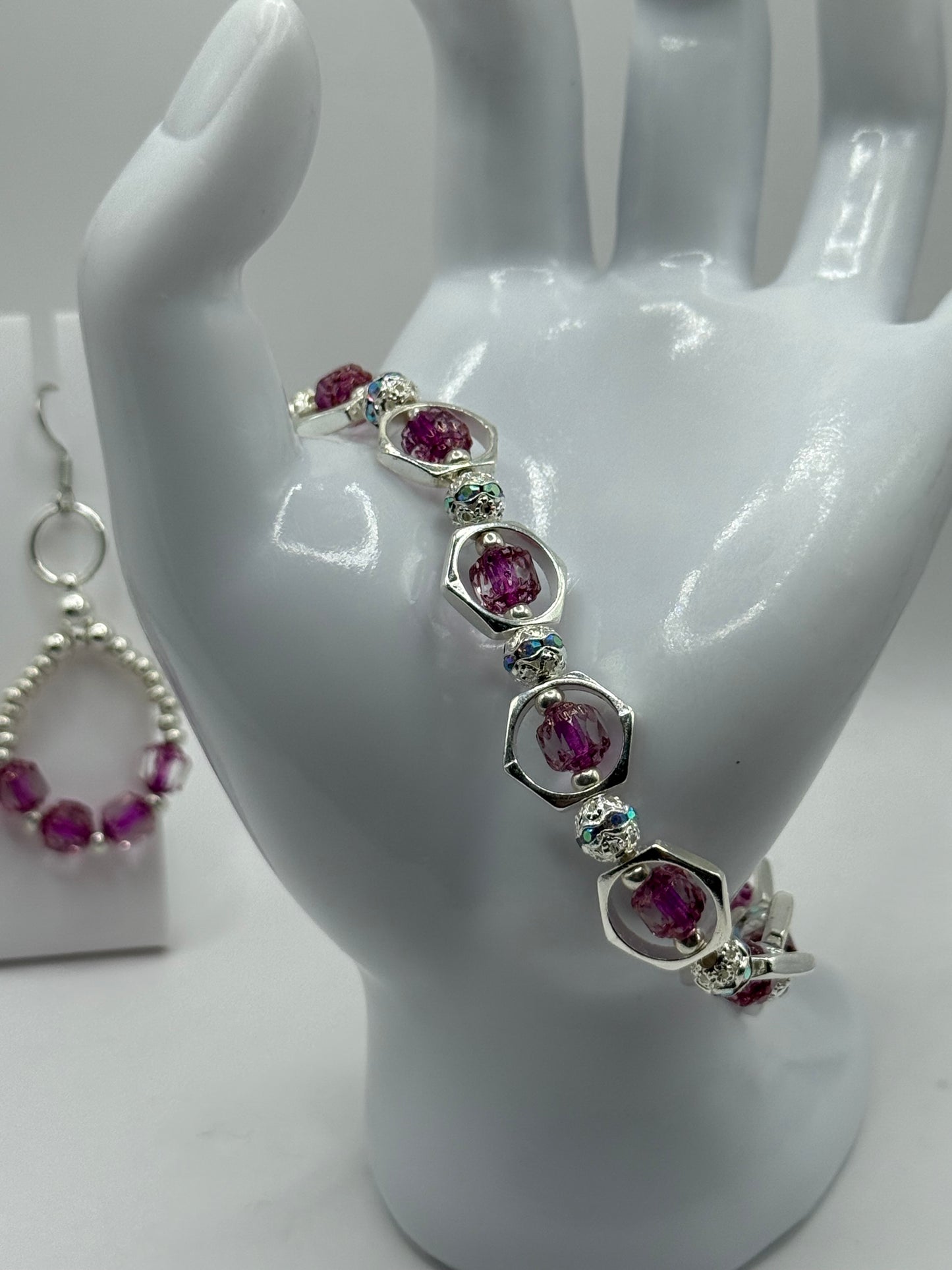 Bright Pink Lantern Bead Bracelet | 7.75” Silver Framed Stretch Bracelet with Complimentary Earrings | Sparkling Handmade Jewelry by LuckyCharm Boutique TX