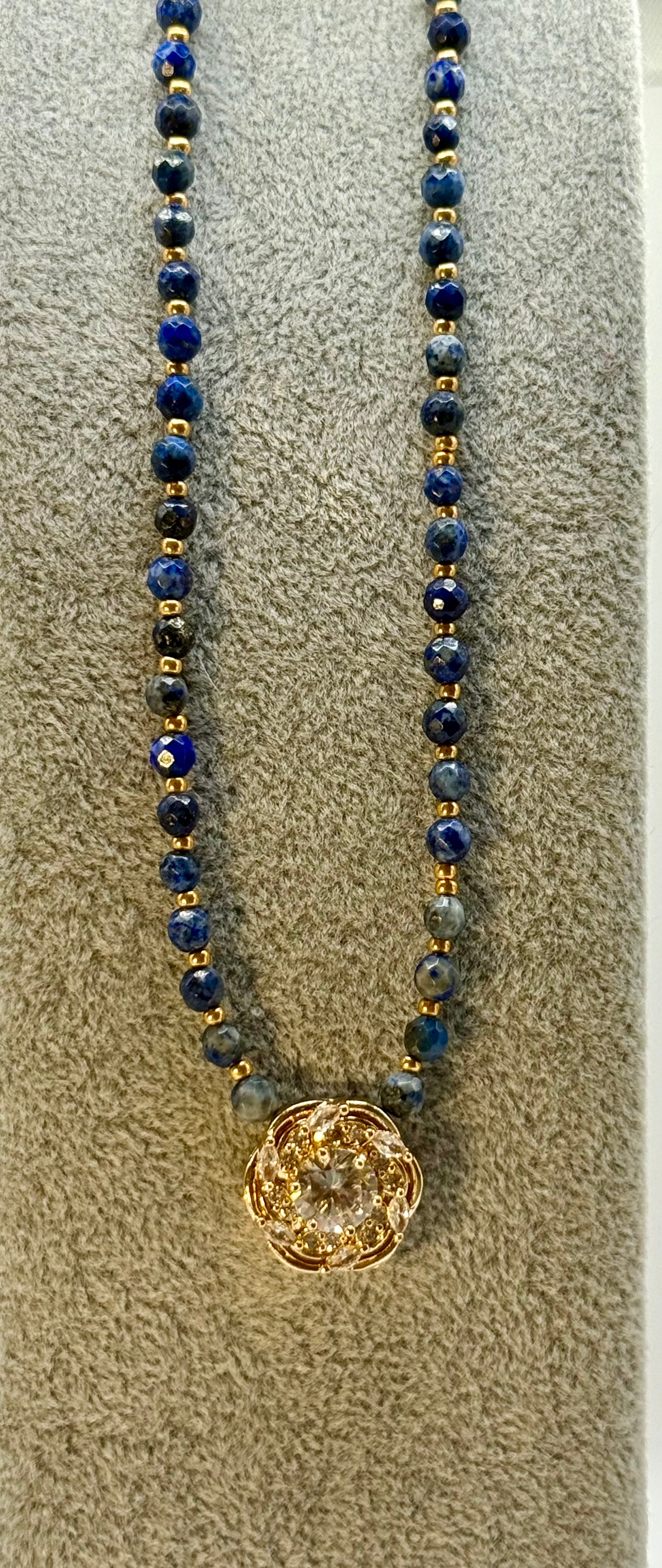 20” Lapis Lazuli Necklace with Gold Crystal Focal Pendant | Handmade Gemstone Jewelry | Elegant Blue Beaded Necklace for Women