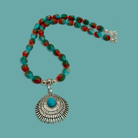 Turquoise & Coral Glass Bead Necklace – 22” Sunburst Pendant Statement Necklace – Southwestern Boho Jewelry – Handmade Gift for Her