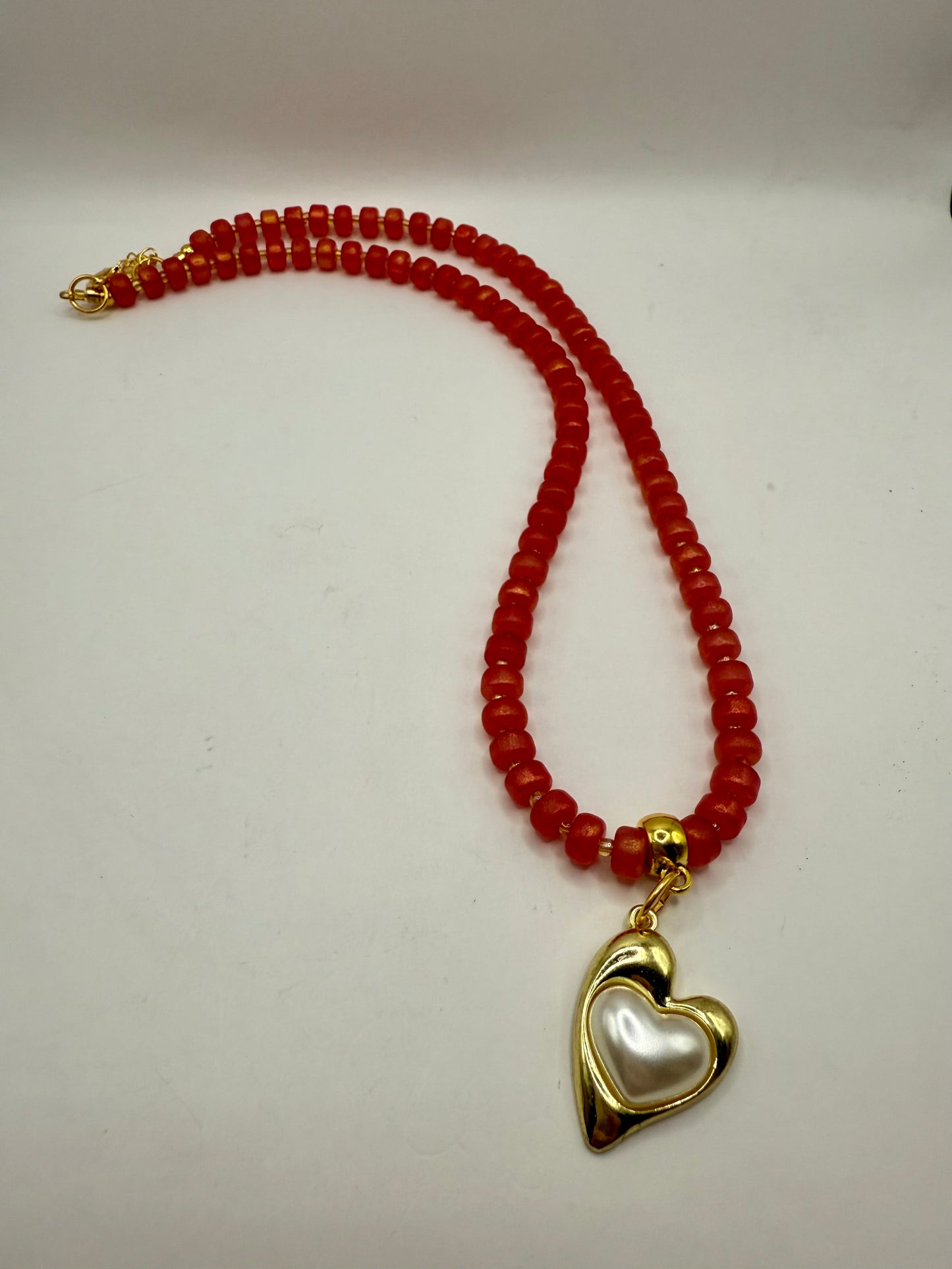 Pumpkin Glass Bead Necklace with Golden Heart Pendant – 20” Handmade Jewelry, Autumn Necklace, Romantic Gift, Fall Statement Jewelry