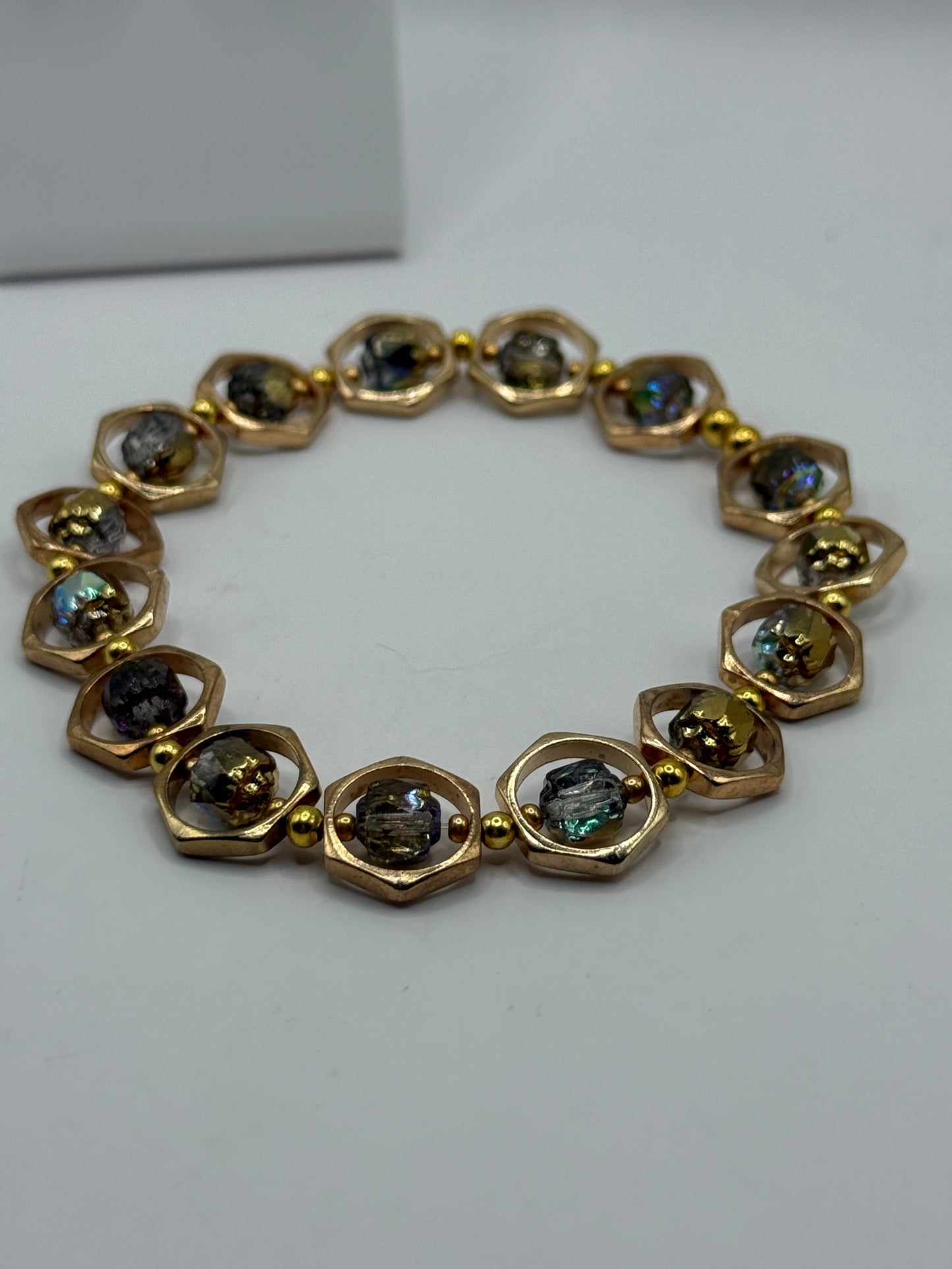 Golden Tone Lantern Bead Bracelet | 7.75” Stretch Bracelet with Iridescent Rainbow Beads | Elegant Boho Jewelry by LuckyCharm Boutique TX