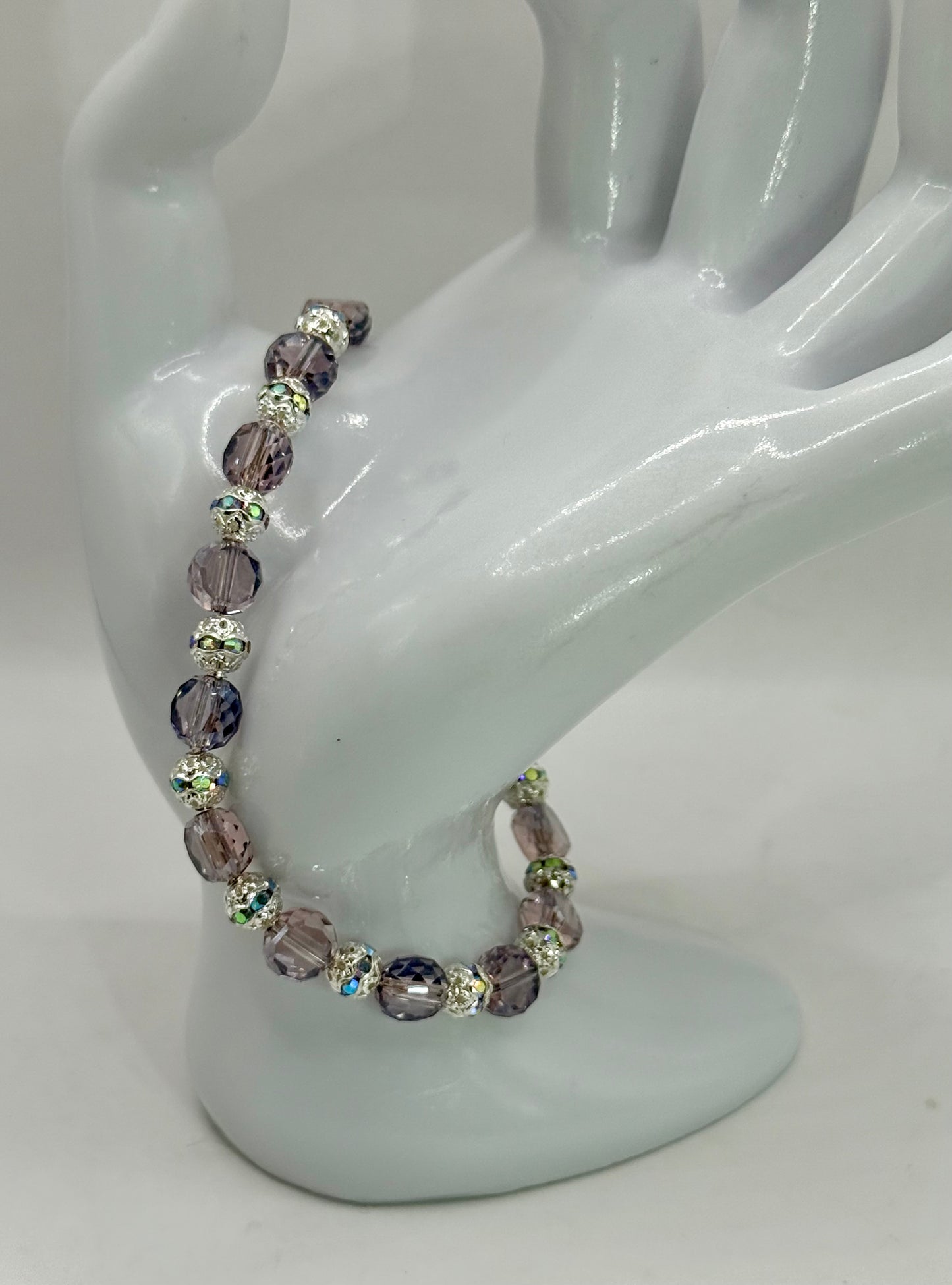 Violet Electroplated Glass Bracelet – 7.5” Clasp, Faceted Coin Beads, Handmade Jewelry Gift